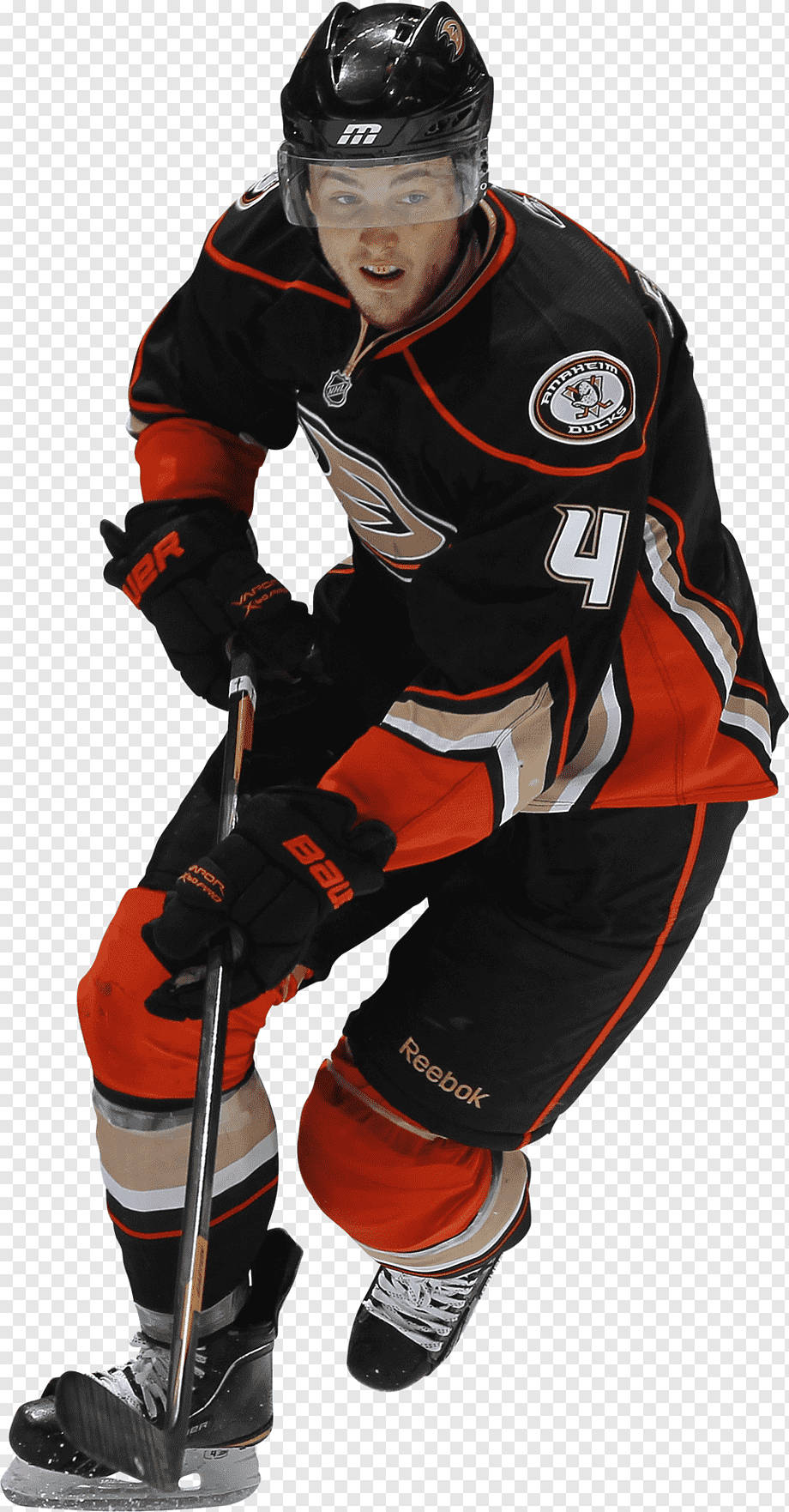 安納海姆鴨隊卡梅隆·福勒 壁紙 — 一名身穿黑色和橙色Anaheim Ducks裝備的冰球運動員低蹲，球桿準備就緒。