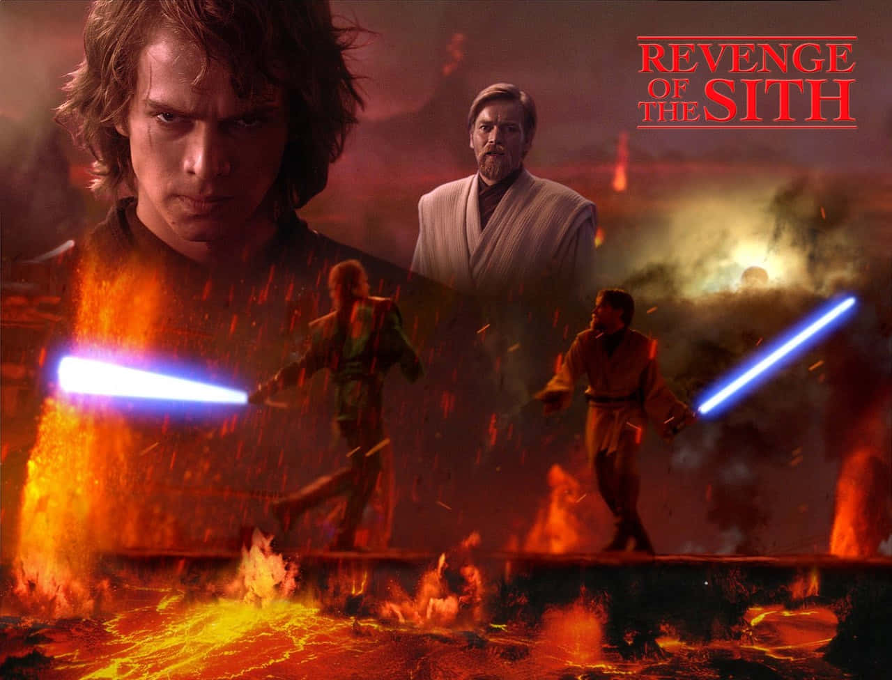 Mustafar 桌布 壁紙 — 安納金·天行者與歐比王·肯諾比在熾熱的熔岩和煙霧中，以藍色光劍進行決鬥，構成戲劇性的星際大戰場景。