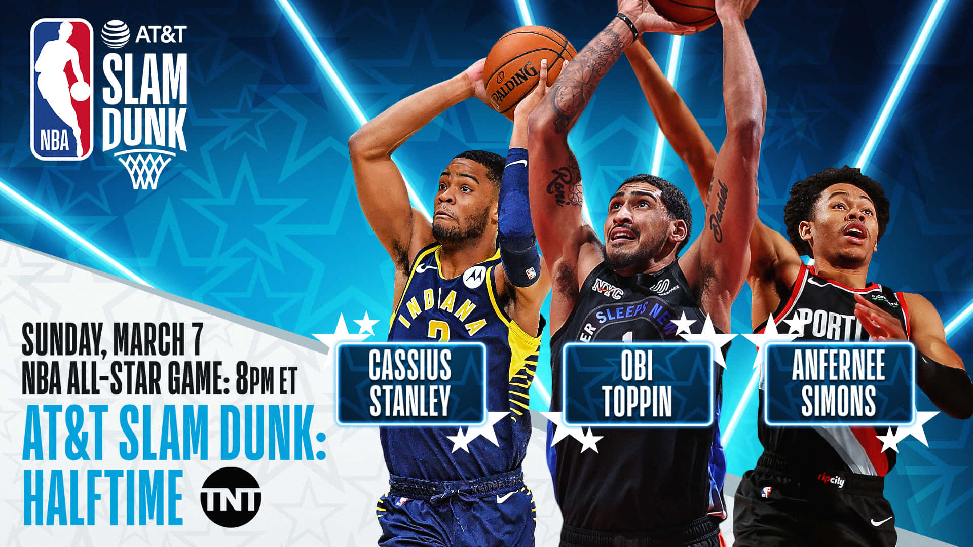 三名籃球運動員在空中參加NBA灌籃大賽。