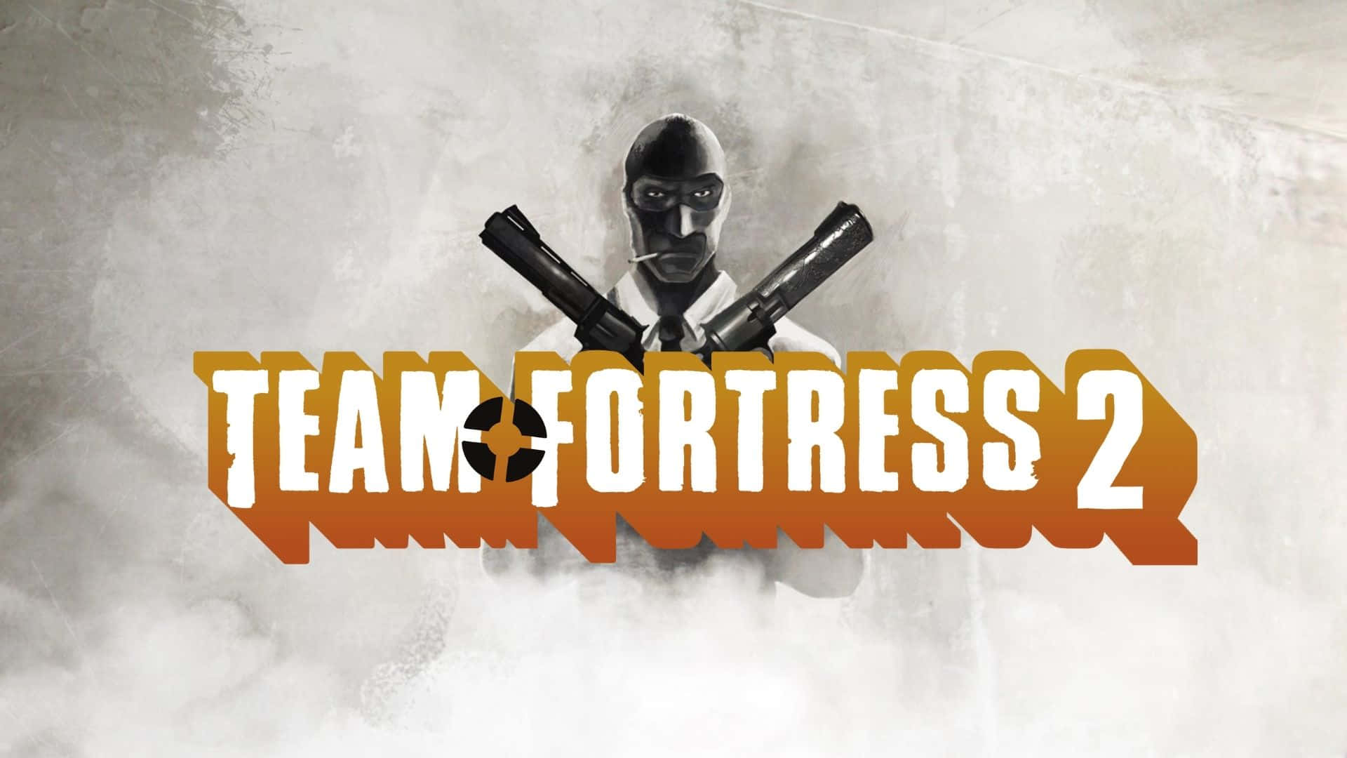 Team Fortress 2 標誌，戴面具的角色在煙霧背景中手持交叉手槍。