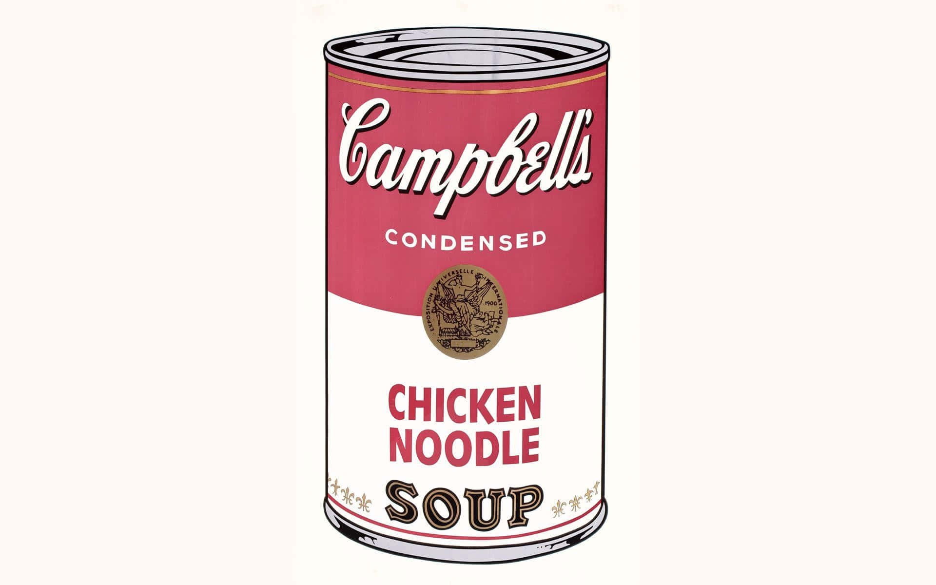 Campbell's 雞肉麵湯罐以普普藝術風格呈現，紅、白、金色設計。