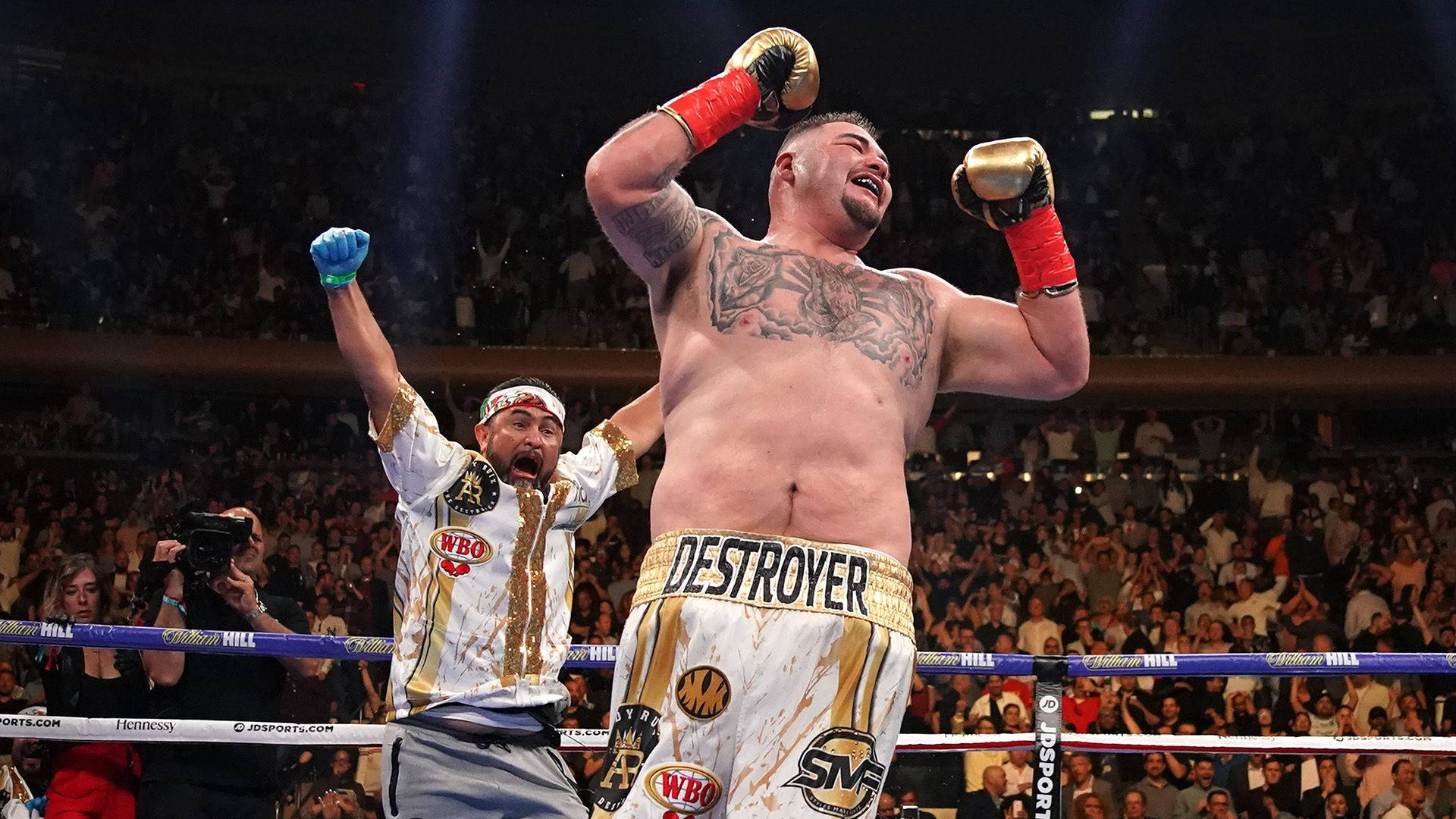 安迪·魯伊斯勝利時刻 壁紙 — 一位勝利的拳擊手穿著 'DESTROYER' 短褲，在擠滿觀眾的競技場中高舉戴著手套的拳頭慶祝勝利，他的教練在旁邊歡呼。