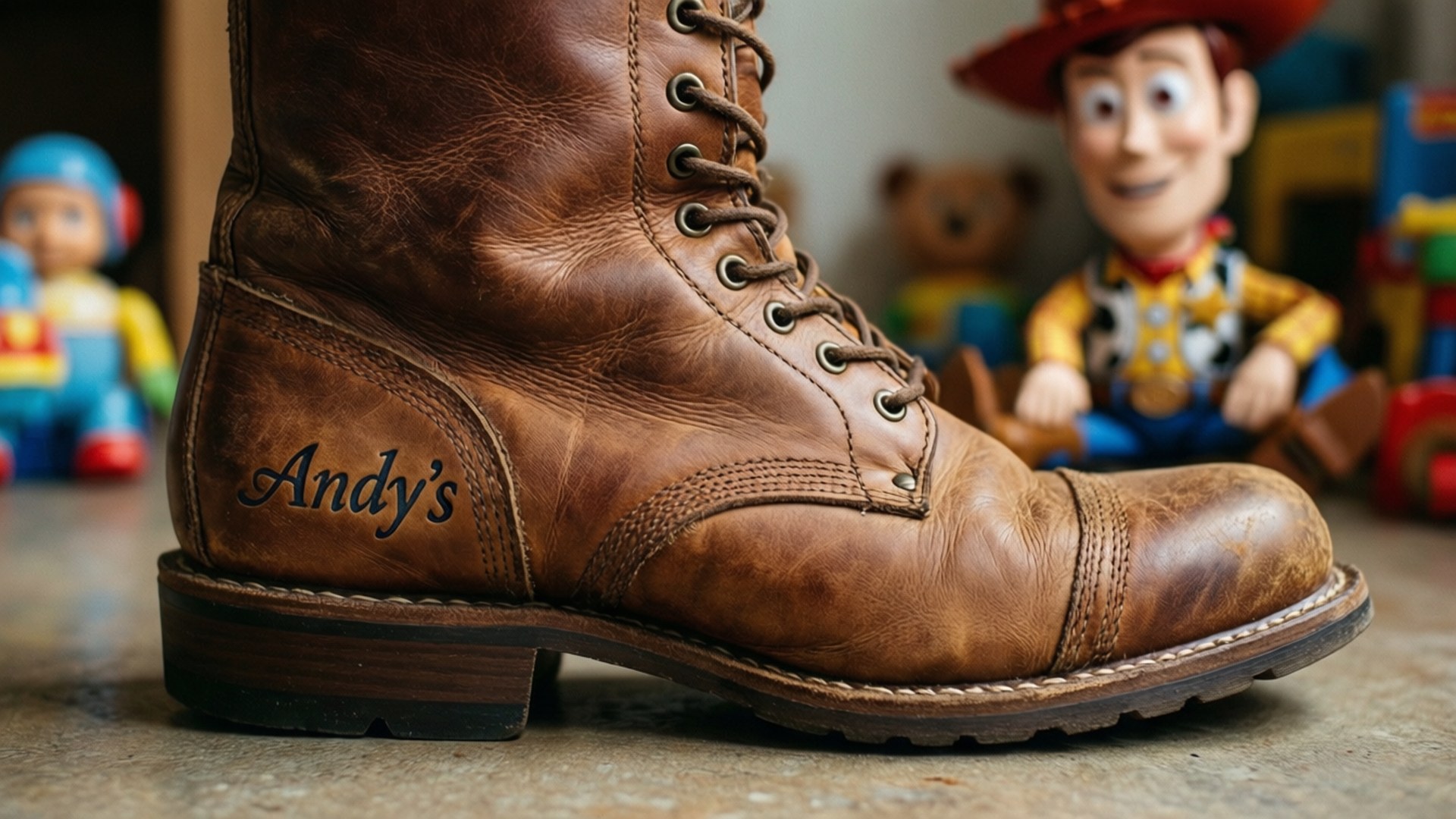 一對棕色皮靴，鞋跟繡有Andy's，被玩具包圍。