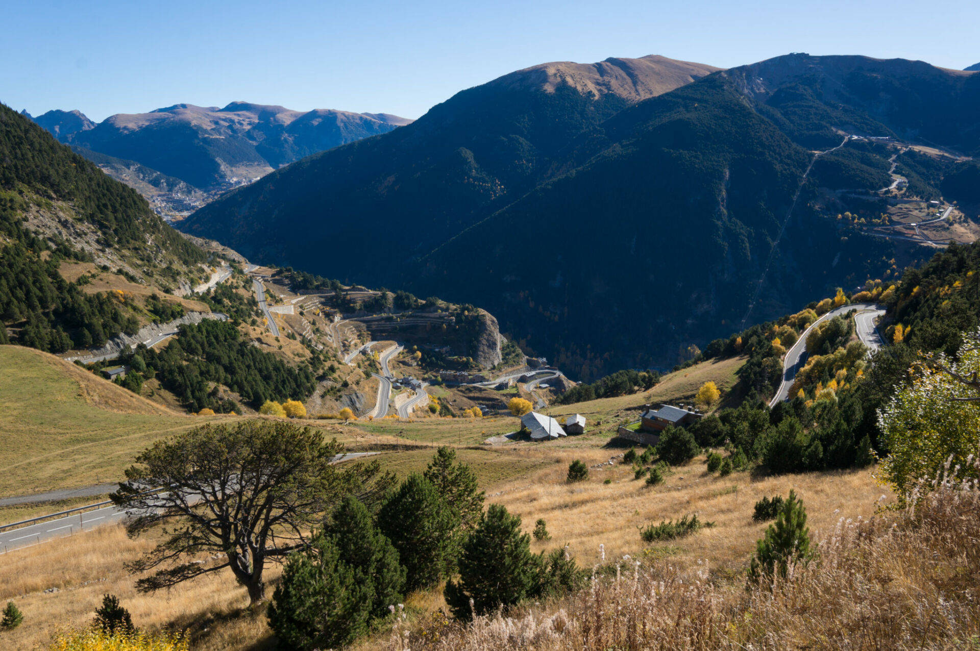 蜿蜒山路穿過秋日山谷，有樹木和遠處山峰。