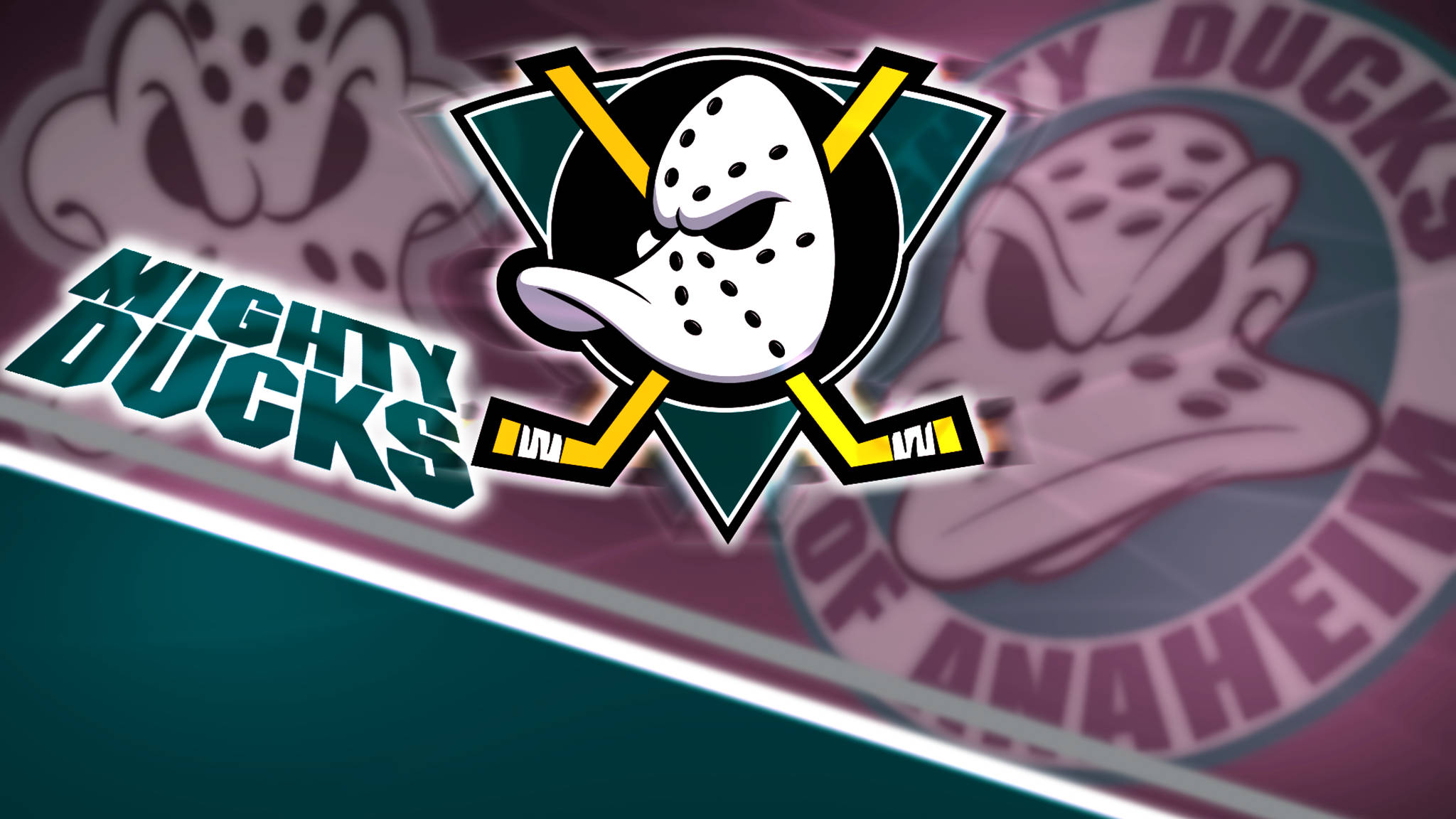 安那海姆鴿隊經典隊徽 壁紙 — 一個大膽的 Mighty Ducks of Anaheim 標誌，以守門員面具和交叉的曲棍球棒為特色，背景為紫色和藍綠色漸變。