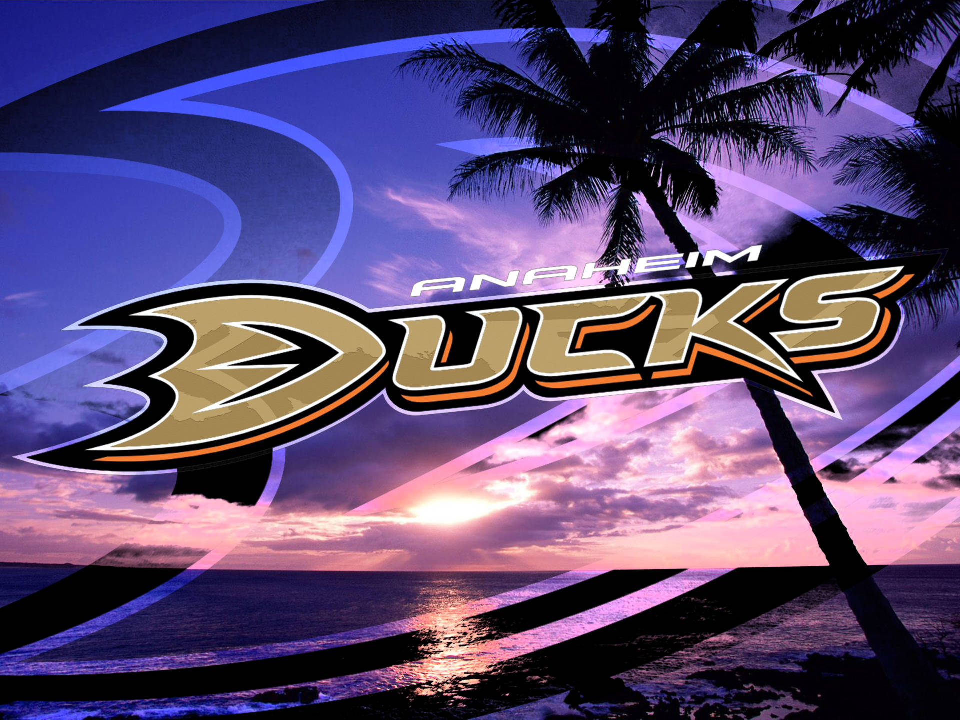 Anaheim Ducks 標誌襯托著熱帶日落、棕櫚樹和海洋。