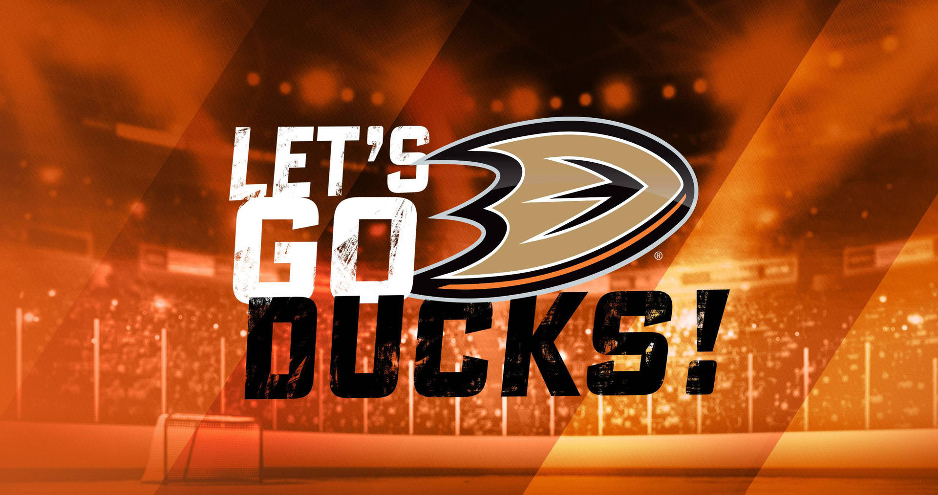 冰球場，帶有 'LET'S GO DUCKS!' 文字和橙色和黑色的球隊標誌。