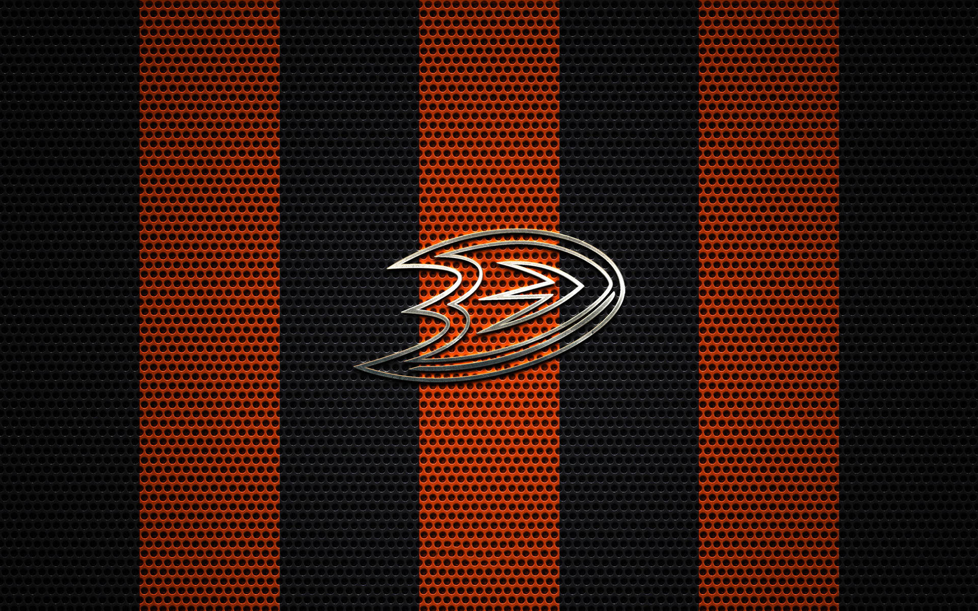 橙色和黑色條紋背景上的 Anaheim Ducks 標誌