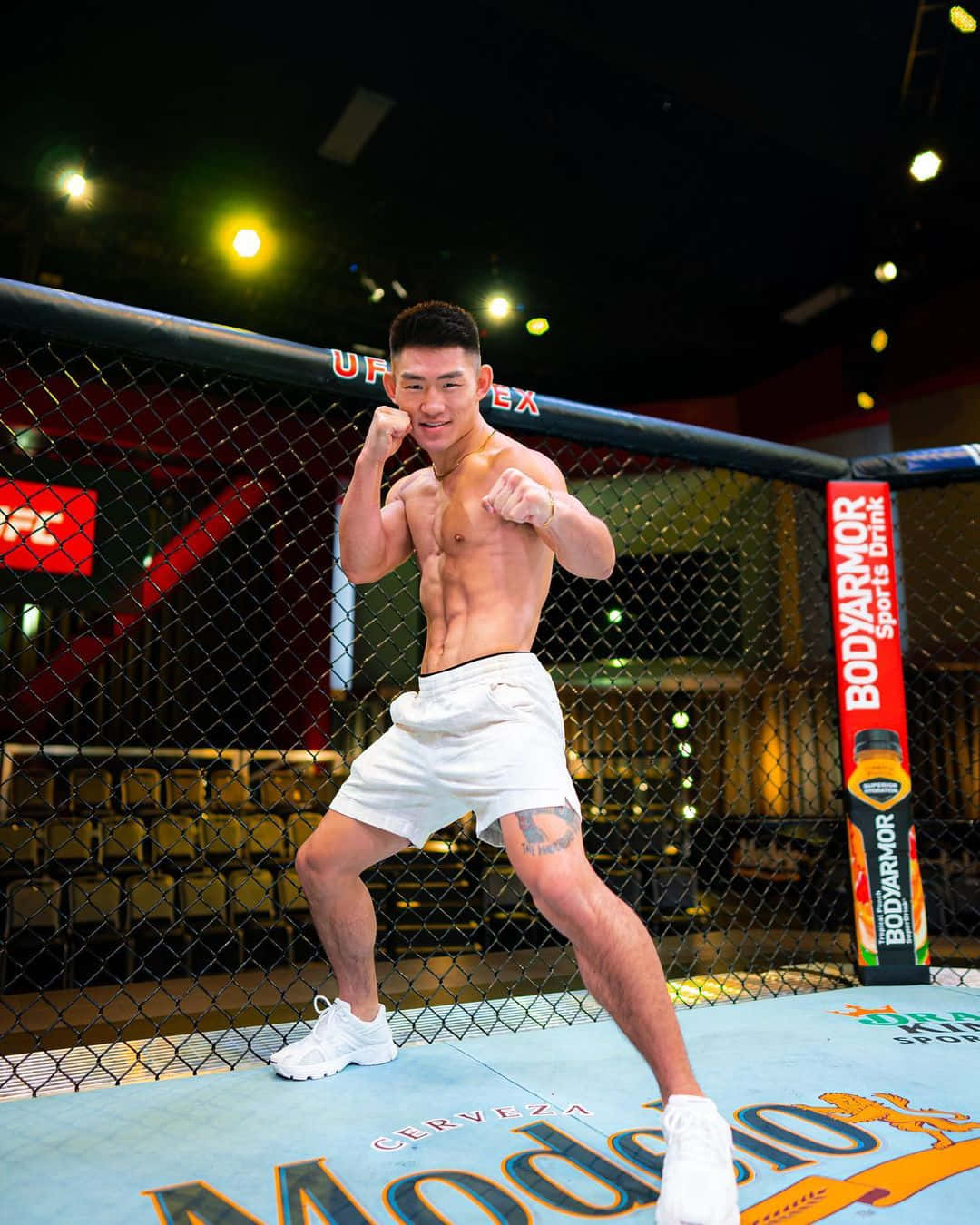 運動員在MMA籠內擺出戰鬥姿勢，帶有品牌標誌。