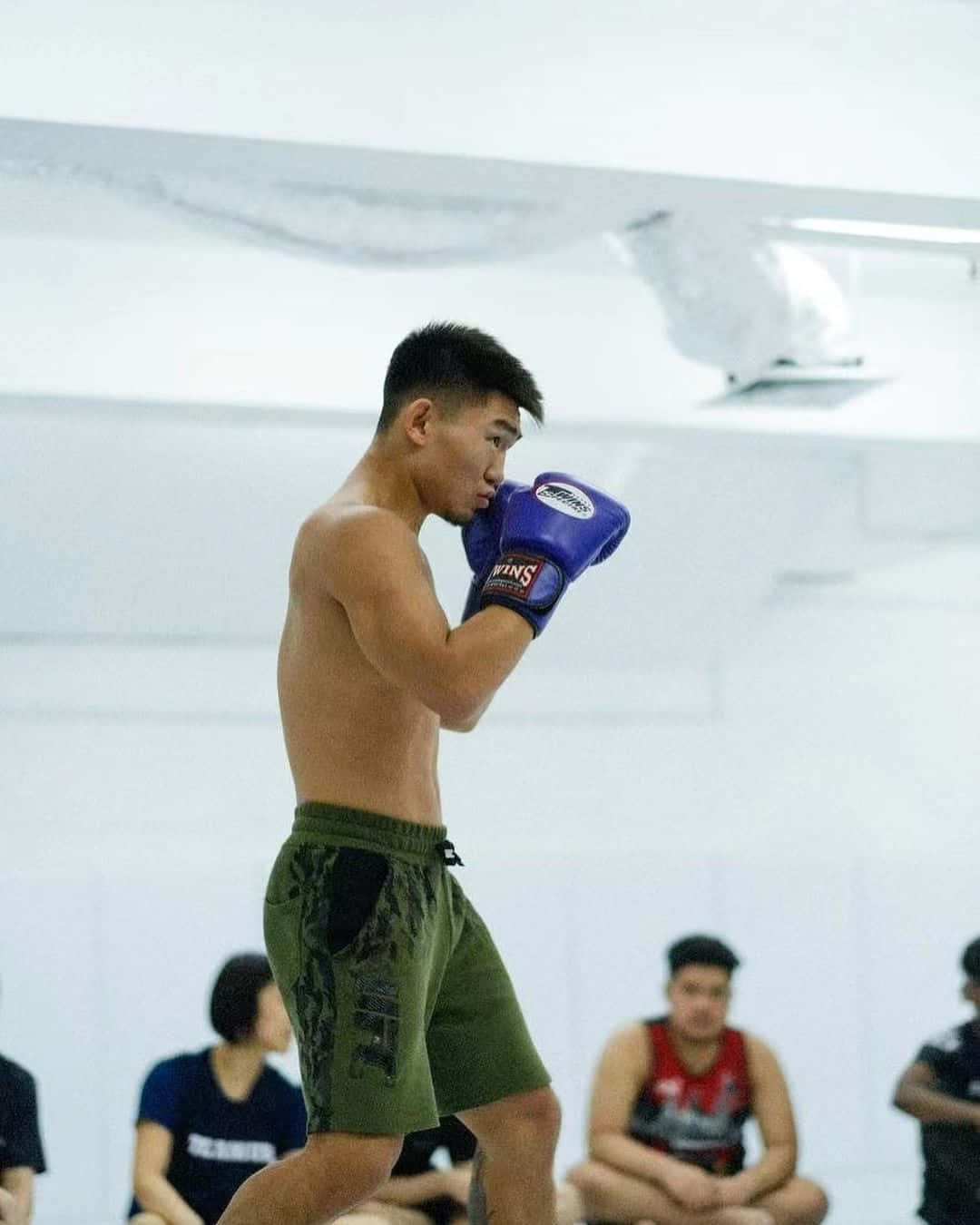 一名赤裸上身的男性拳擊手，穿著綠色短褲和藍色手套，在明亮的白色健身房中激烈訓練，其他人正在觀看。