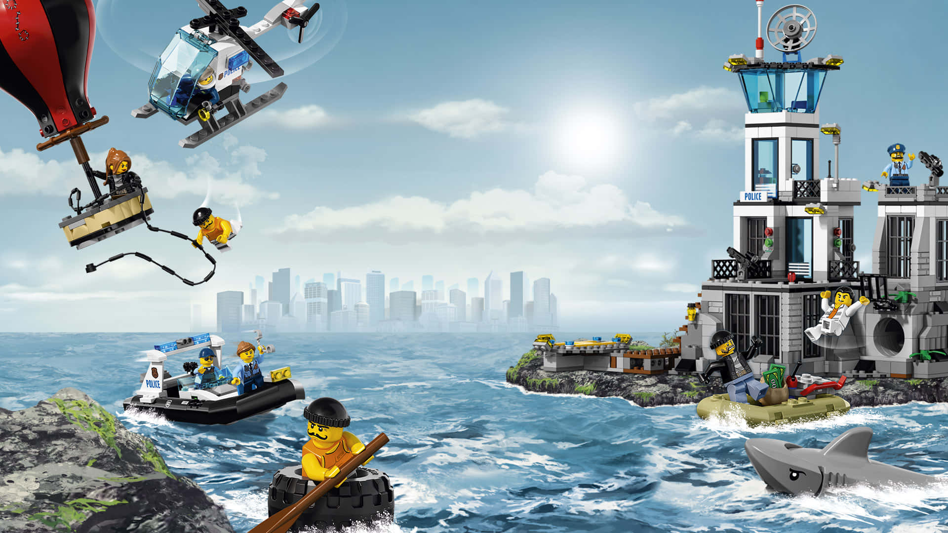 LEGO 警察救援場景，配有直升機船、鯊魚和城市天際線。