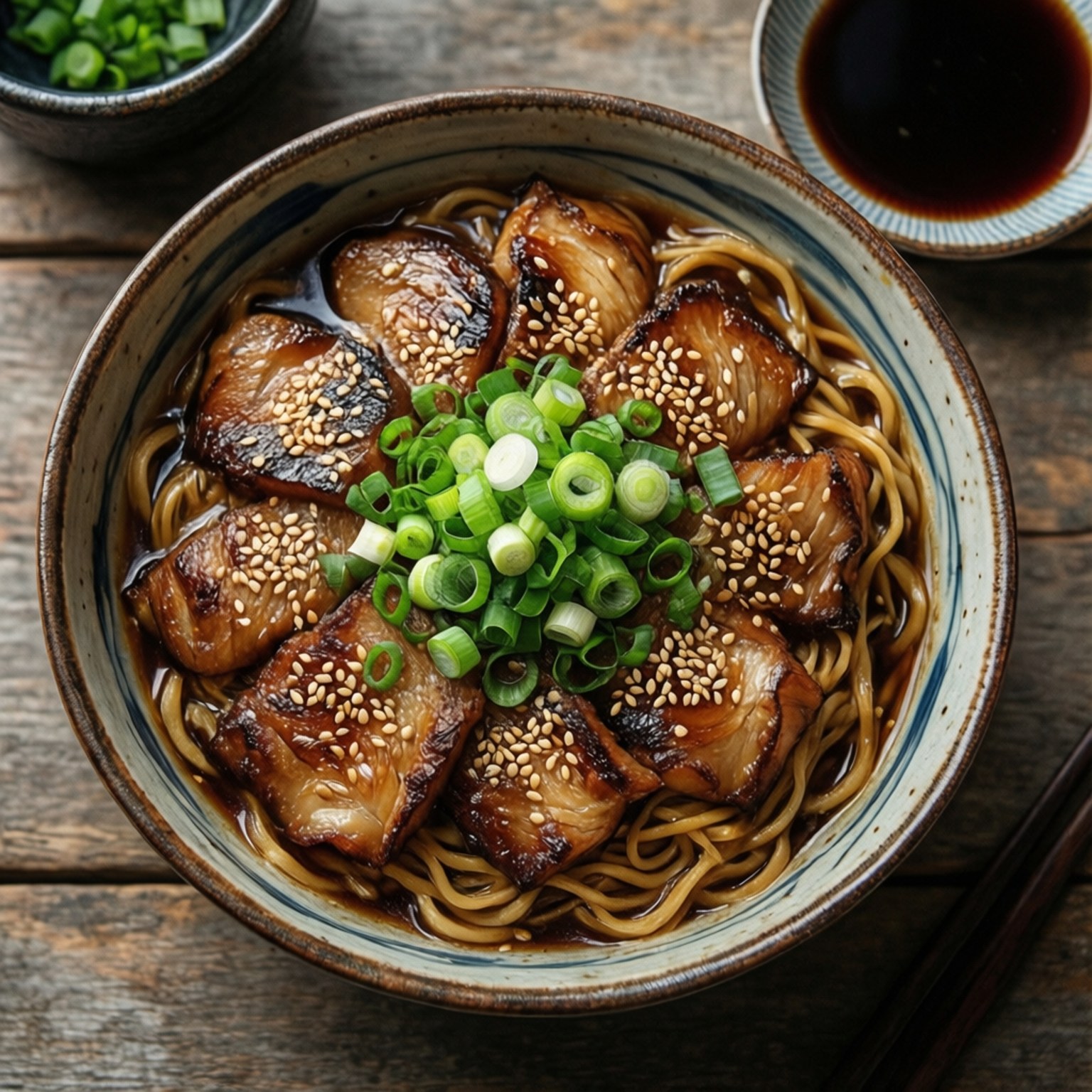 一碗有豬肉、芝麻同青蔥嘅拉麵，喺木枱上