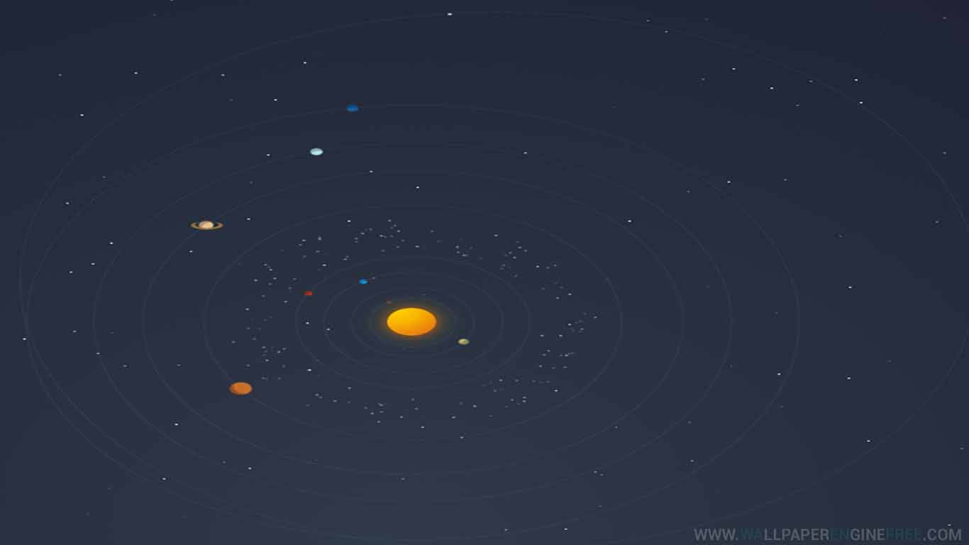 極簡數位太陽系，太陽和行星在黑暗背景上