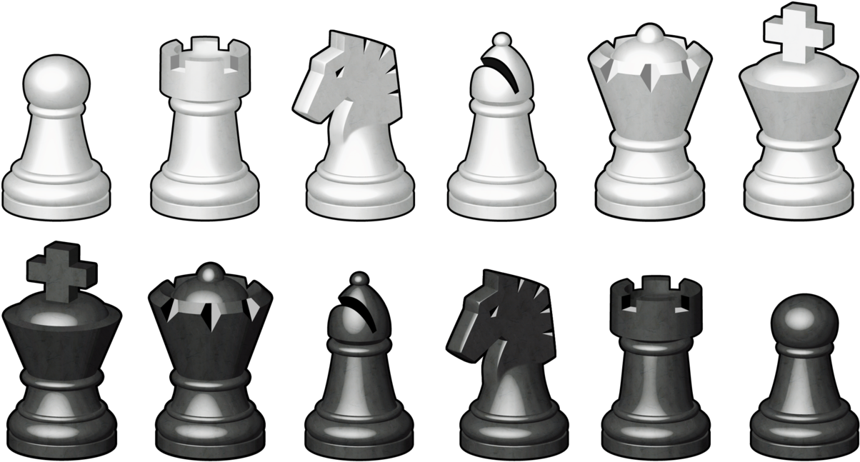 完整棋子組 壁紙 — 白色和黑色的國際象棋棋子排列成兩行，背景為純黑色，帶有戲劇性的燈光效果。