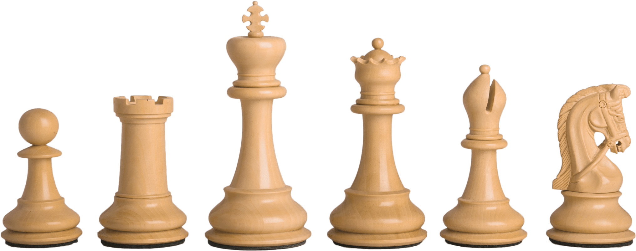 完整白色國際象棋棋子組 壁紙 — 六個淺色木製國際象棋棋子排成一列，背景為純黑色。