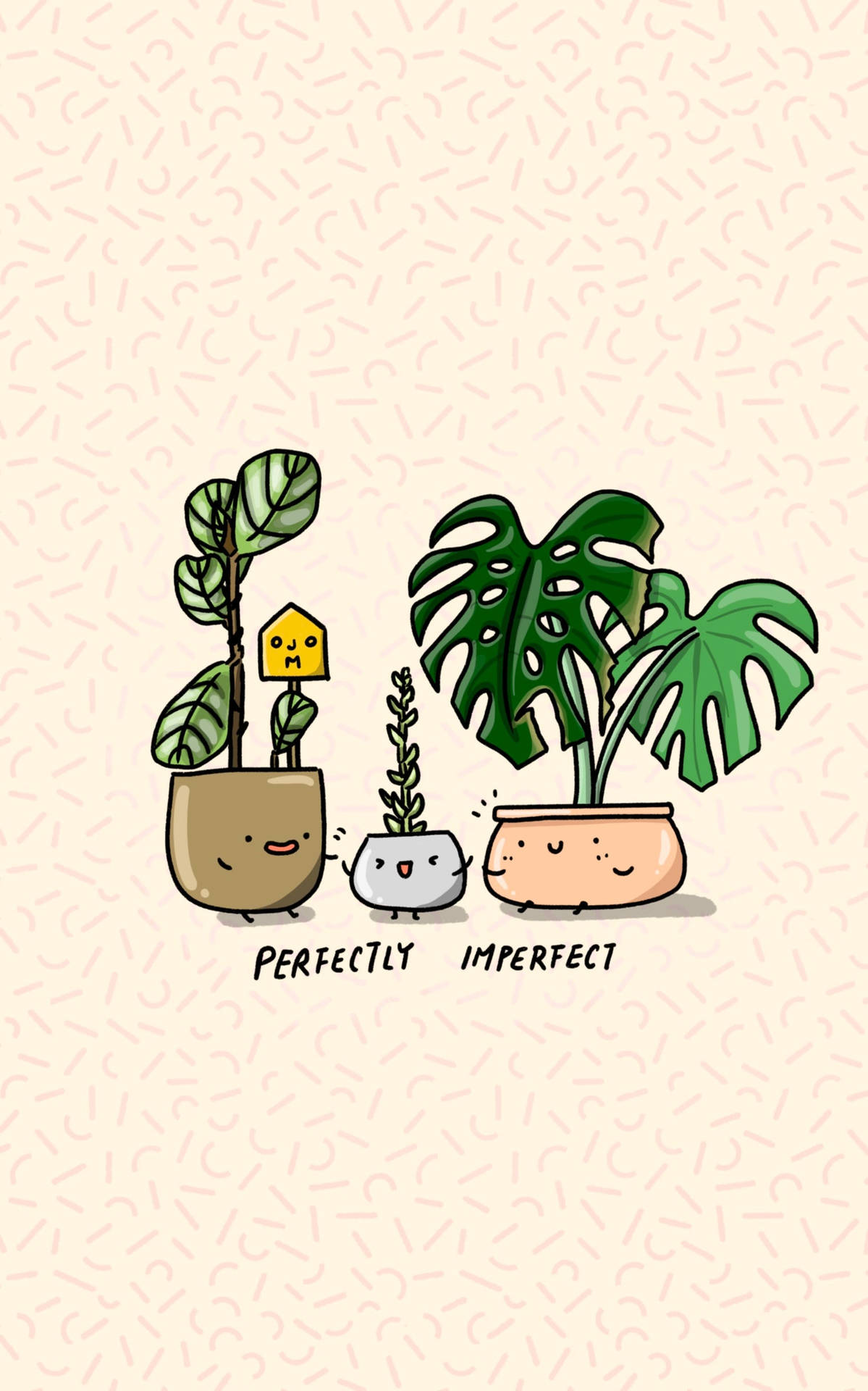 三個微笑的盆栽植物，附有短語 perfectly imperfect。