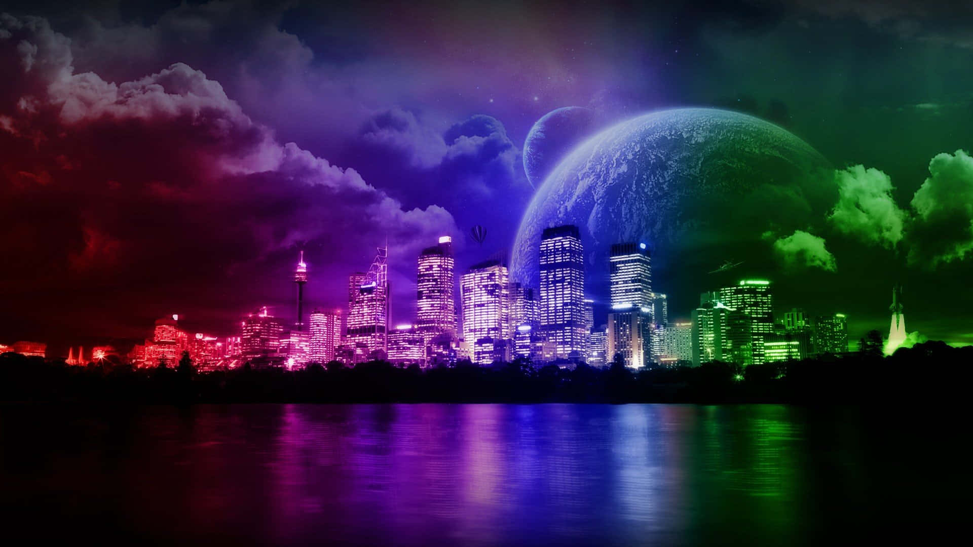 夜晚的未來城市天際線，閃爍的霓虹燈光和天空中的巨大行星。