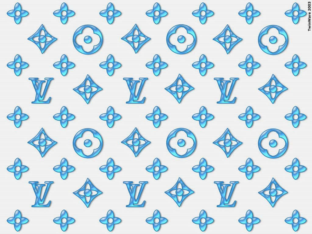 藍色 Louis Vuitton 字母組合圖案，帶紋理的灰色背景。