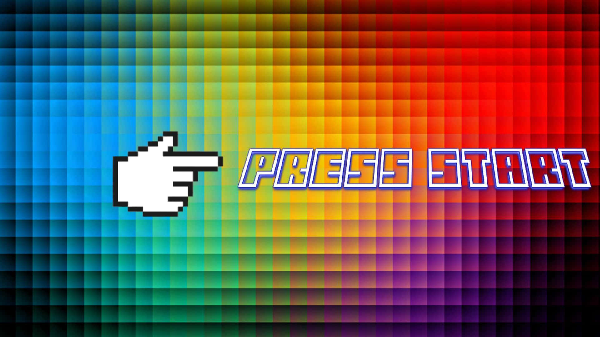 像素化手型游標指向彩虹網格上的「press start」文字。