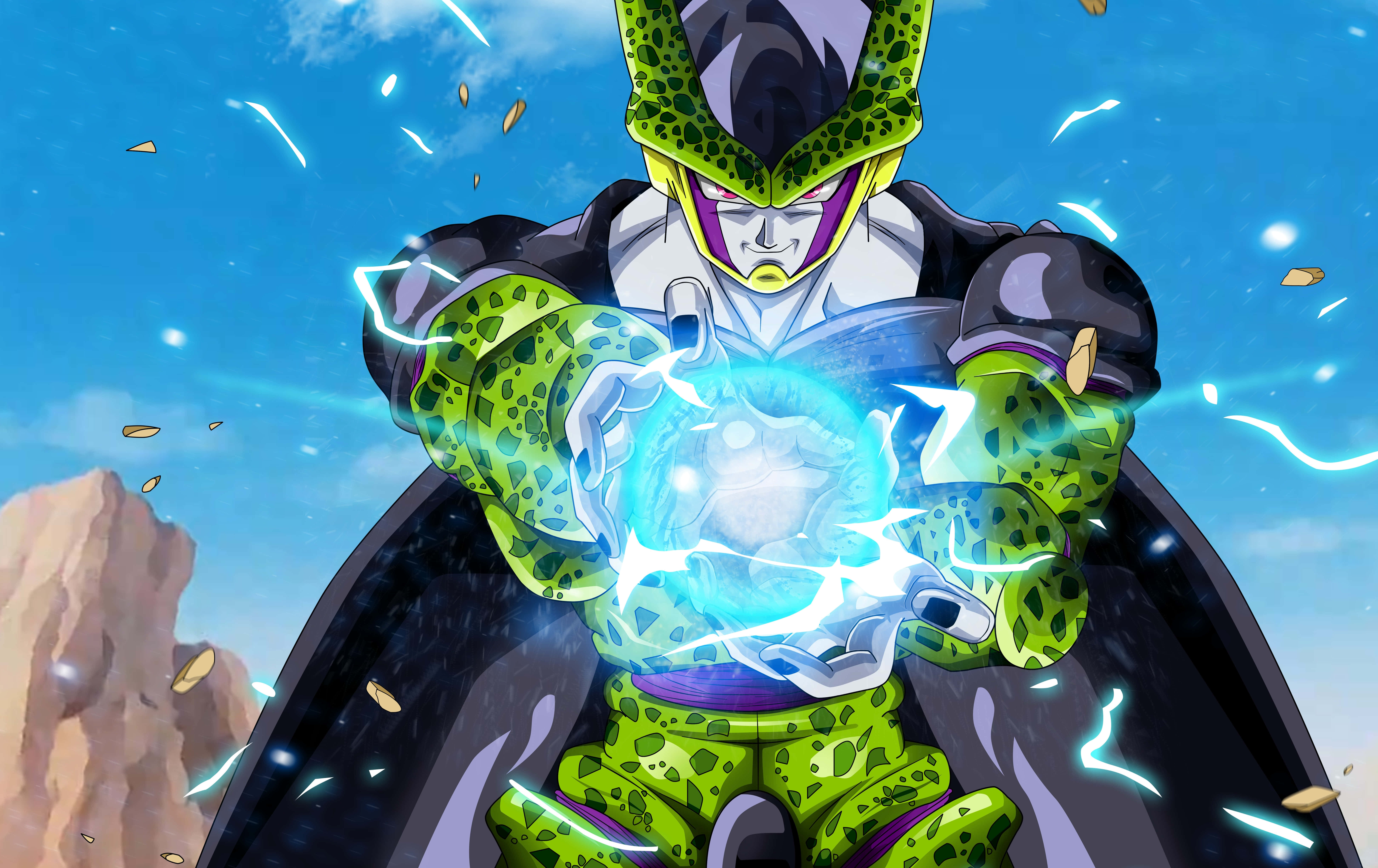 Perfect Cell 桌布 壁紙 — 完美形態的賽爾在岩石沙漠中，於明亮的藍天下引導一顆發光的藍色能量球。