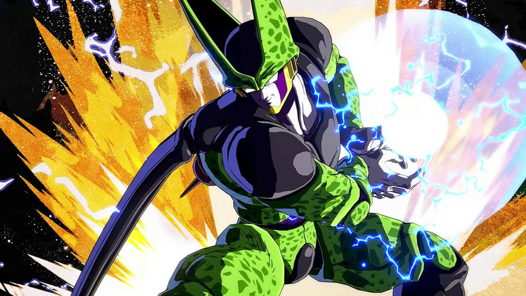 Cell Games 桌布 壁紙 — 完美形態的賽魯將藍色能量匯聚成發光的球體，背景是熾熱的宇宙。