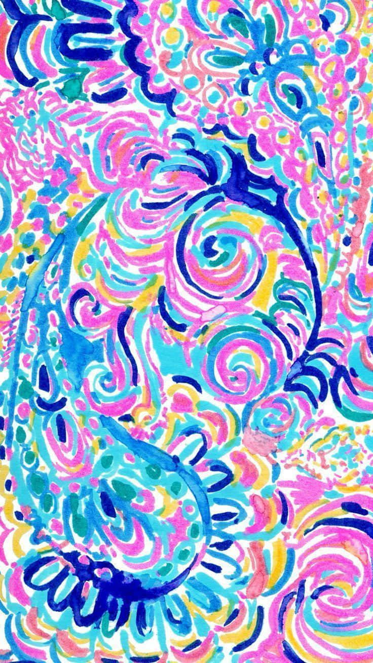 迷幻抽象壁紙，帶有鮮豔色彩的旋轉佩斯利圖案。