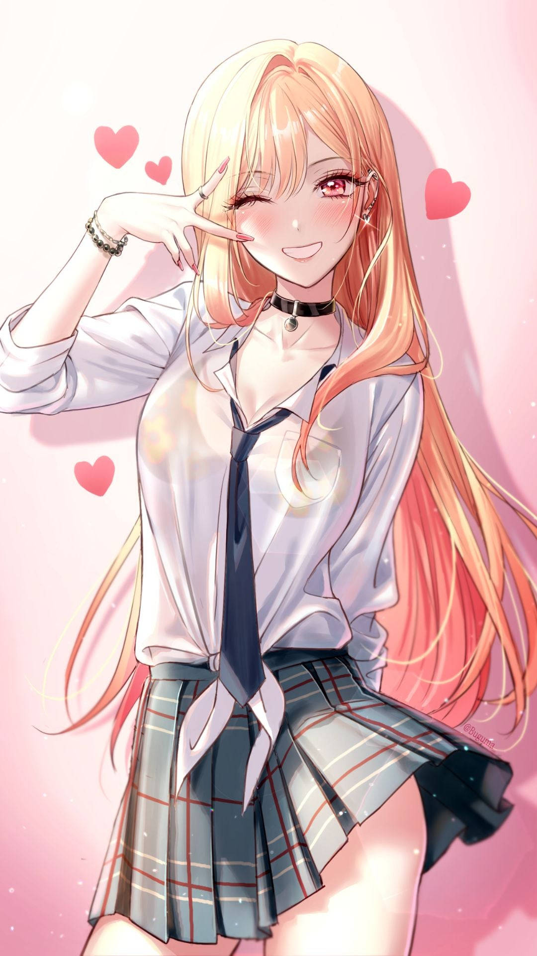 穿著校服的動畫女孩眨眼並做出和平手勢，心形在她周圍漂浮。