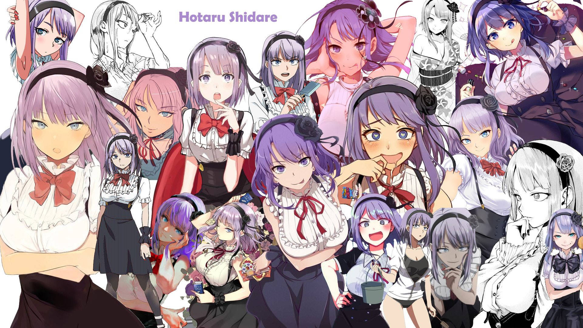 紫色頭髮的動漫女孩穿著校服在拼貼畫中擺姿勢。