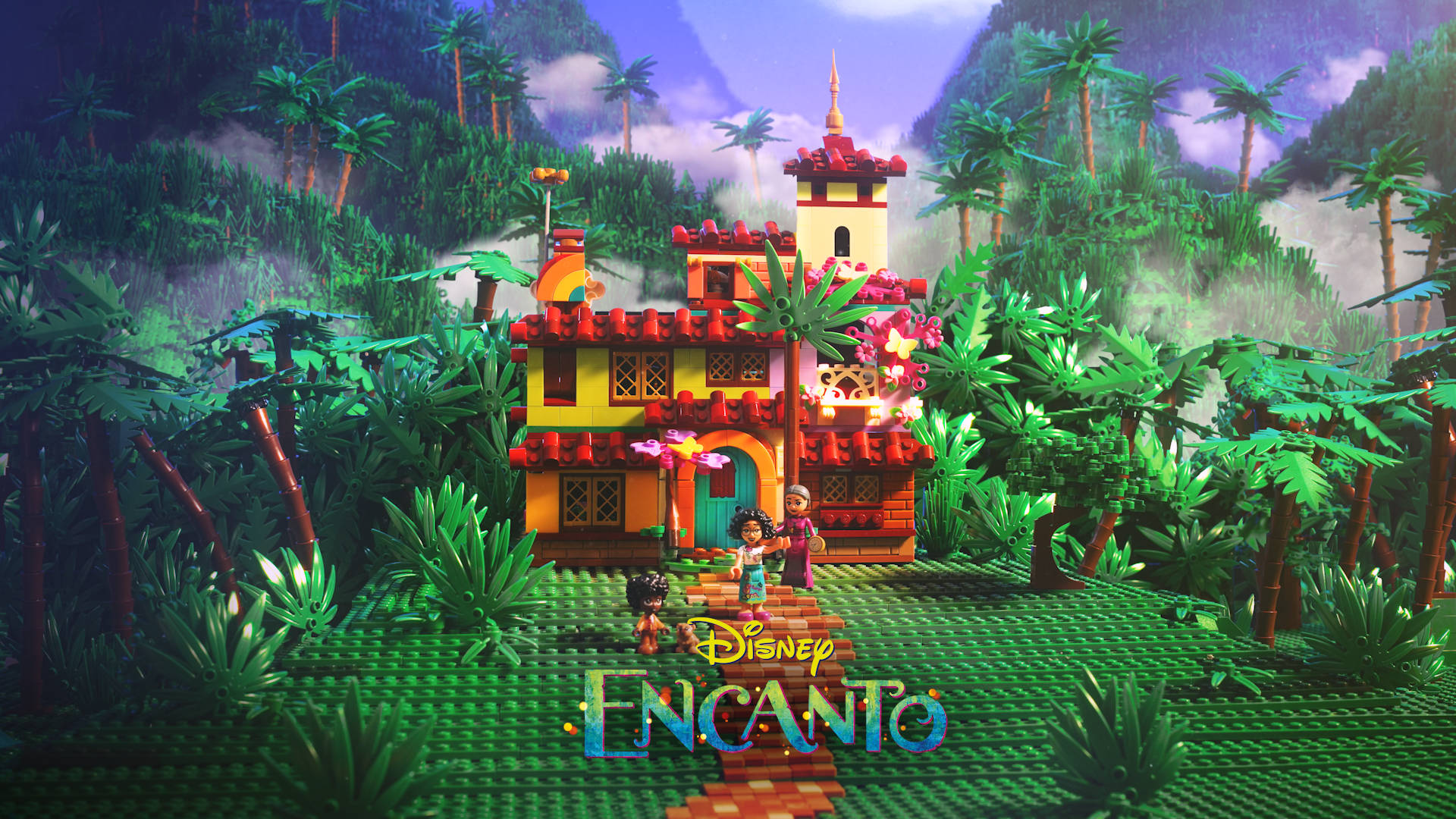 熱帶叢林中的LEGO Disney Encanto房屋，附近有角色。