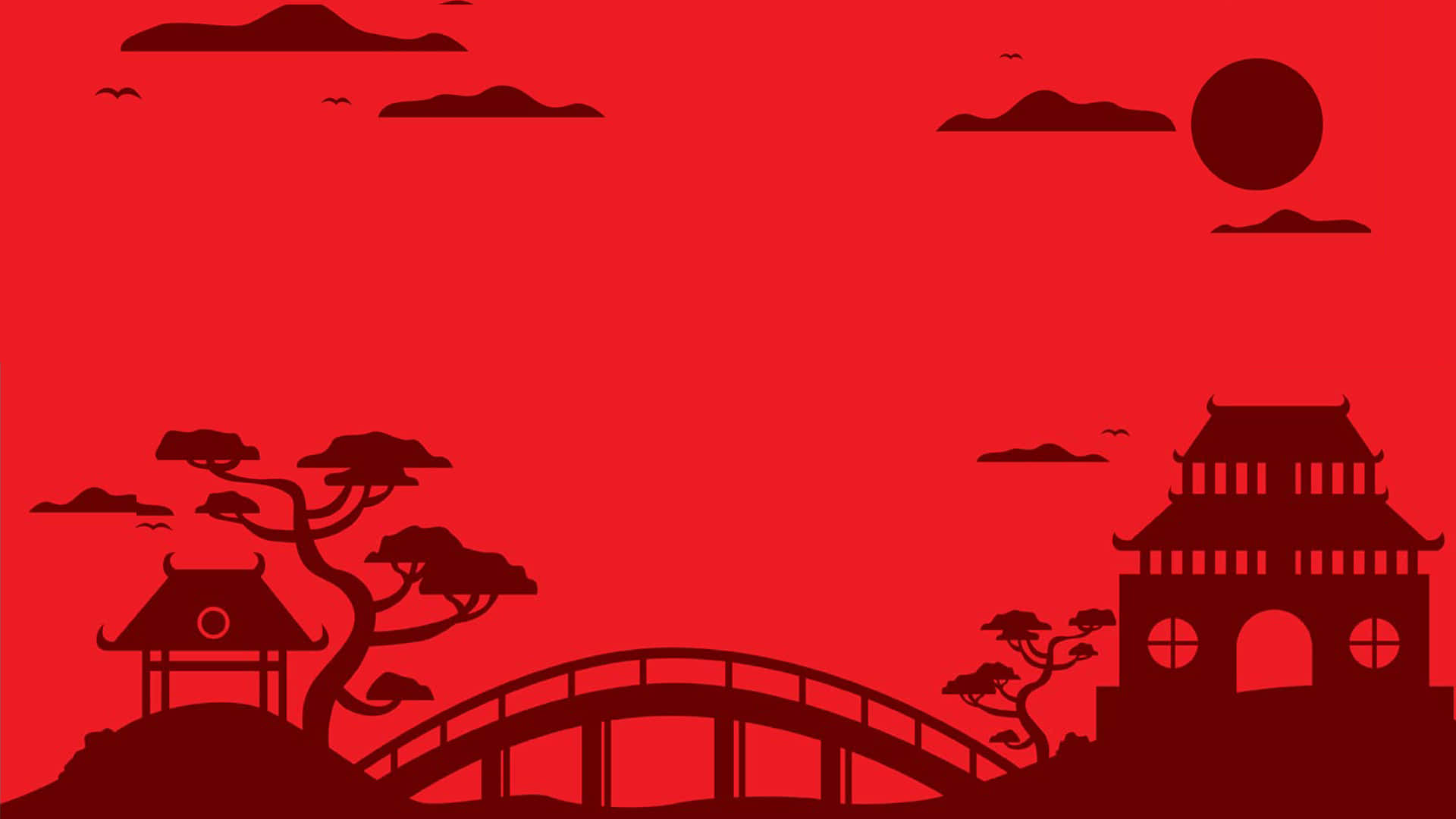 完美的亞洲背景 壁紙 — 傳統日本橋樑和寶塔的剪影，映襯著充滿活力的紅色日落天空，帶有風格化的雲朵和鳥兒。