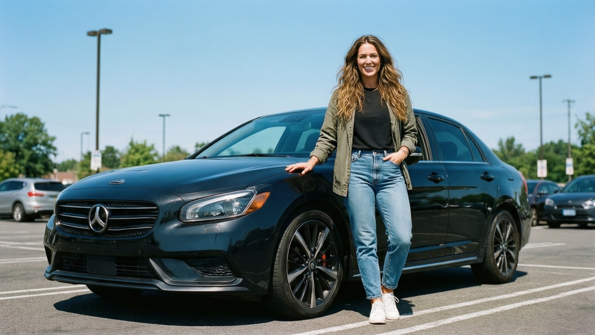 完美的停車位 壁紙 — 一位微笑的女性隨意地靠在一輛停在陽光普照的戶外停車場的時尚黑色平治房車上。