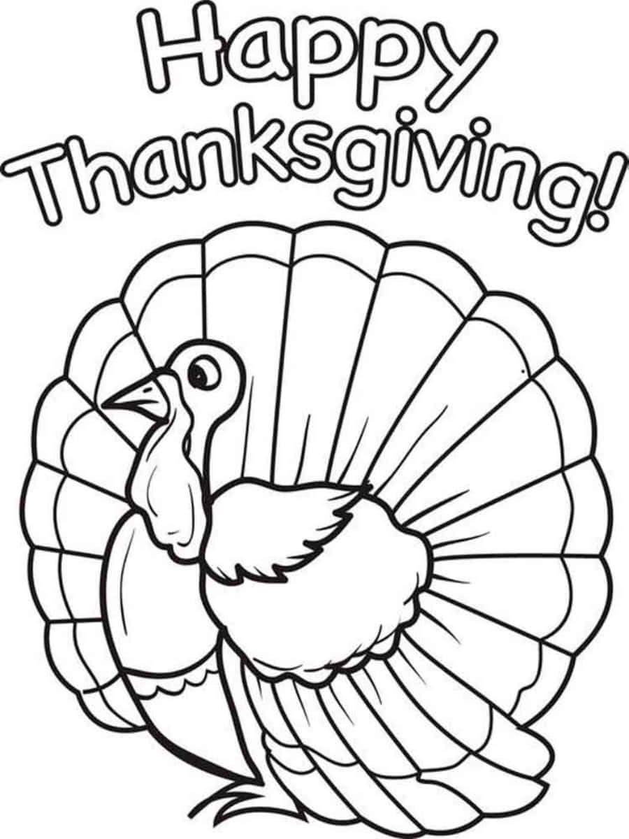 帶有「Happy Thanksgiving!」文字的黑白火雞填色頁