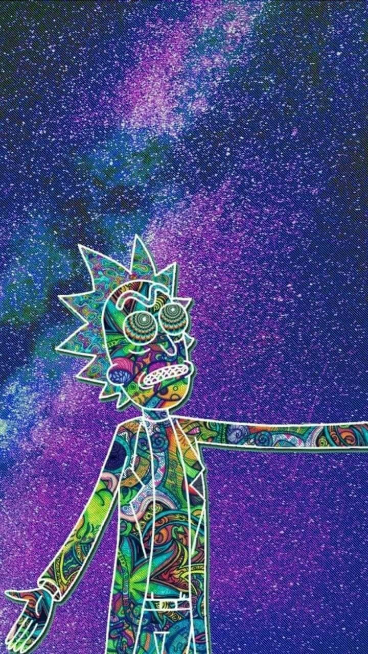 瑞克·桑切斯以迷幻圖案出現在宇宙星雲背景前。