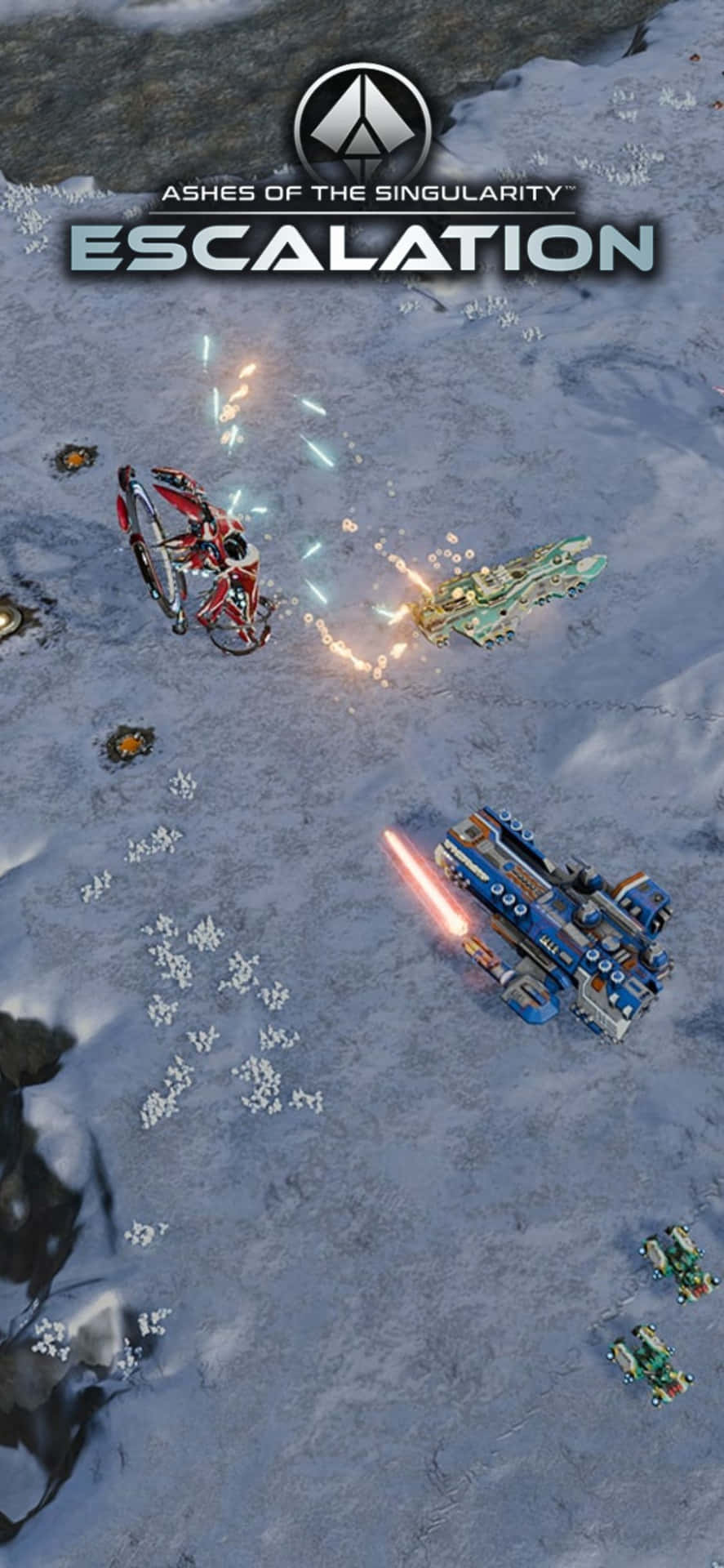 科幻戰艦在雪地外星戰場上發射武器。