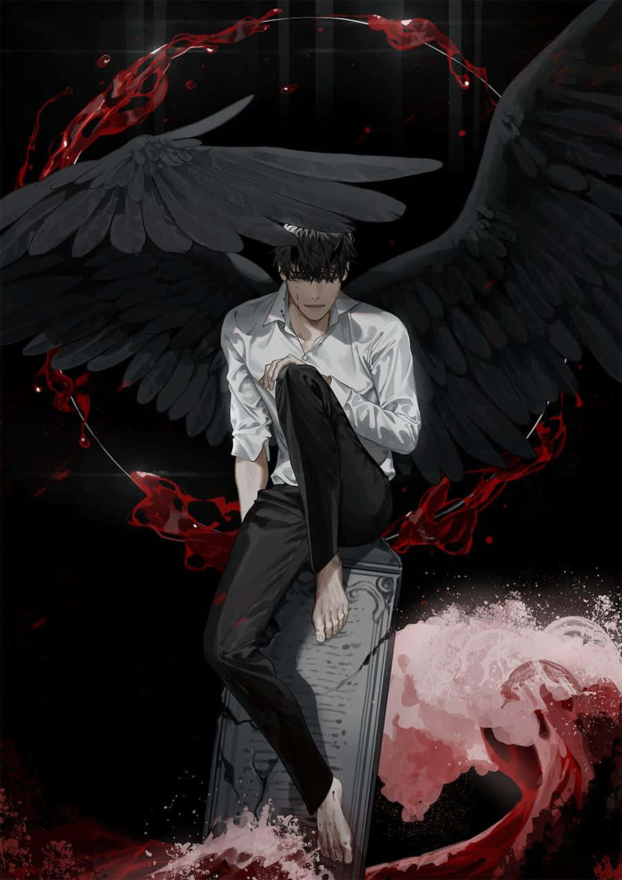 完美羽翼的全知者 壁紙 — 一個黑翼動漫男性，身上纏繞著血紅色能量漩渦，坐在哥德式場景的墓碑上。