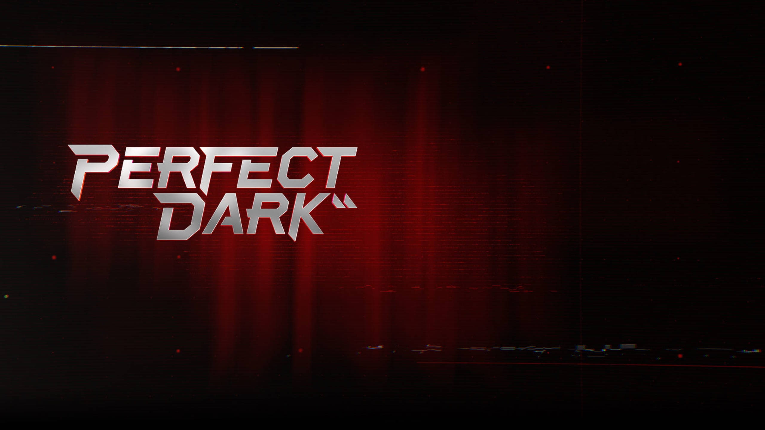 完美黑暗遊戲標誌 壁紙 — 「Perfect Dark」標題在深紅色數位簾幕上閃耀金屬銀光，帶有微妙的故障效果。