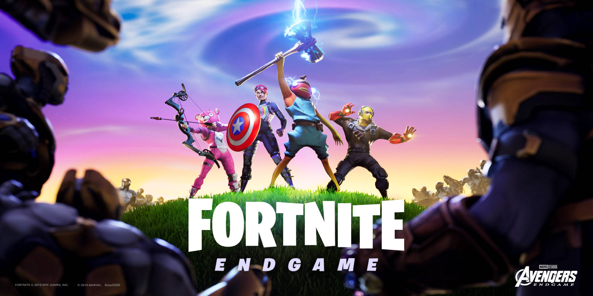 Fortnite Endgame 以復仇者聯盟角色在日落時分的草地上擺出動態姿勢為特色。