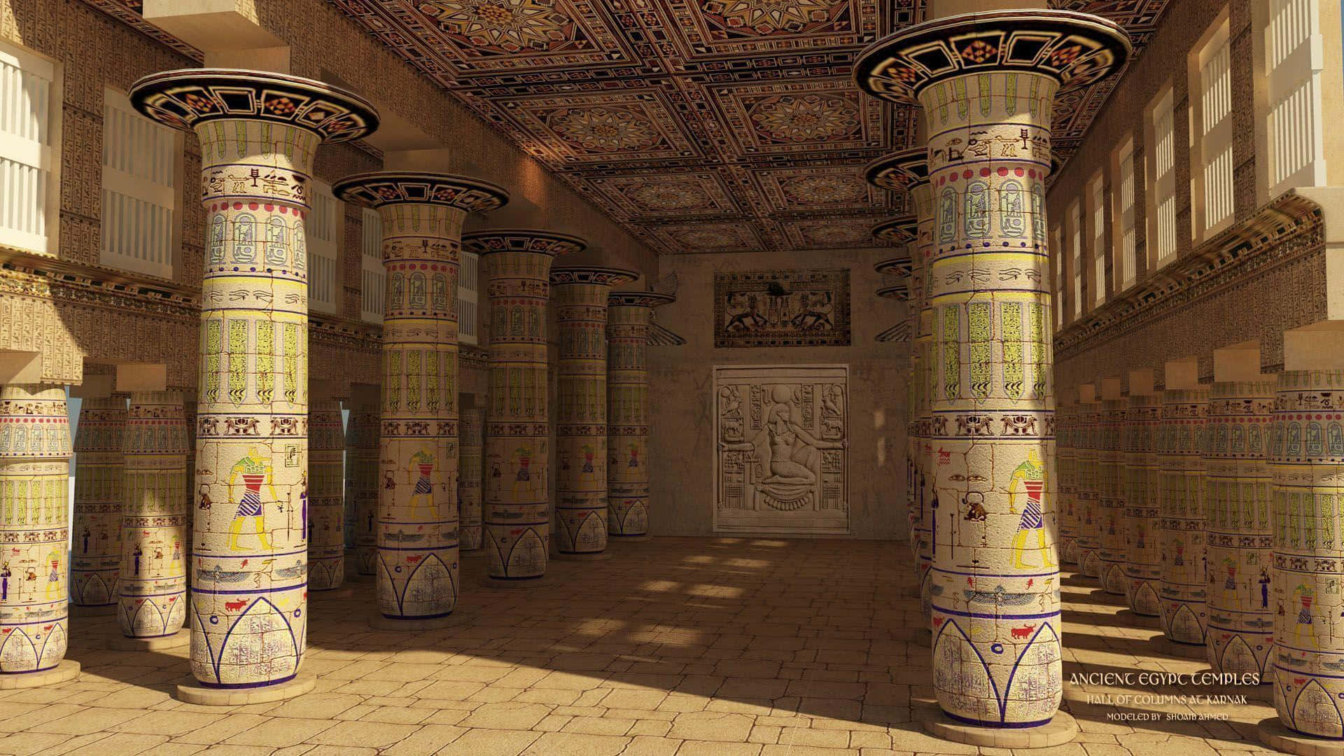Ancient Egypt 桌布 壁紙 — 宏偉的古埃及神廟大廳，柱子上佈滿象形文字，石地板沐浴在陽光下。