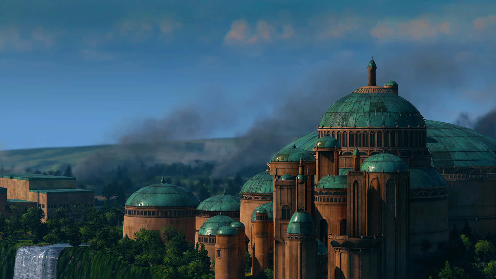 Naboo 桌布 壁紙 — 宏偉的圓頂建築，擁有藍綠色屋頂，矗立在鬱鬱蔥蔥的綠色山丘中，天空部分多雲。