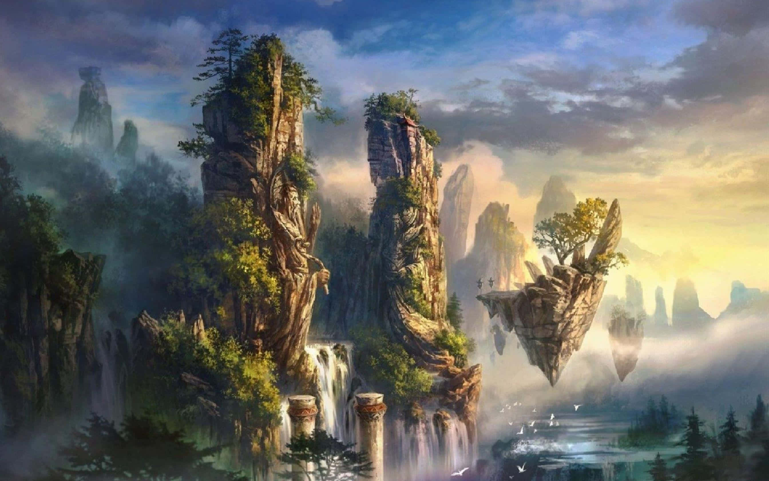 3d Fantasy 桌布 壁紙 — 宏偉的浮空岩柱從霧氣瀰漫的水域中升起，瀑布在古老的石柱之間傾瀉而下，天空壯麗。