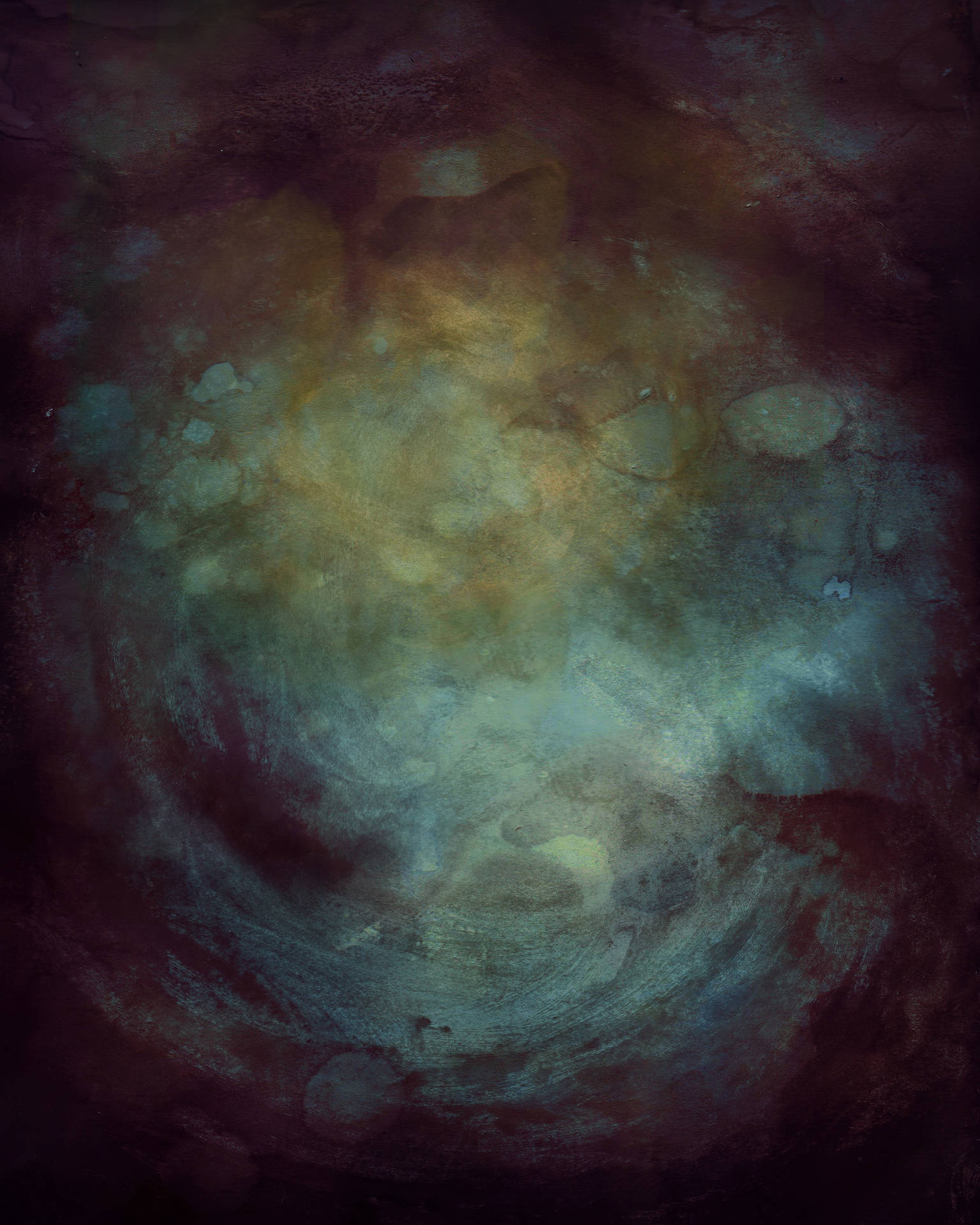 抽象宇宙星雲畫，帶有旋轉的深紫色、藍綠色和溫暖的金色。