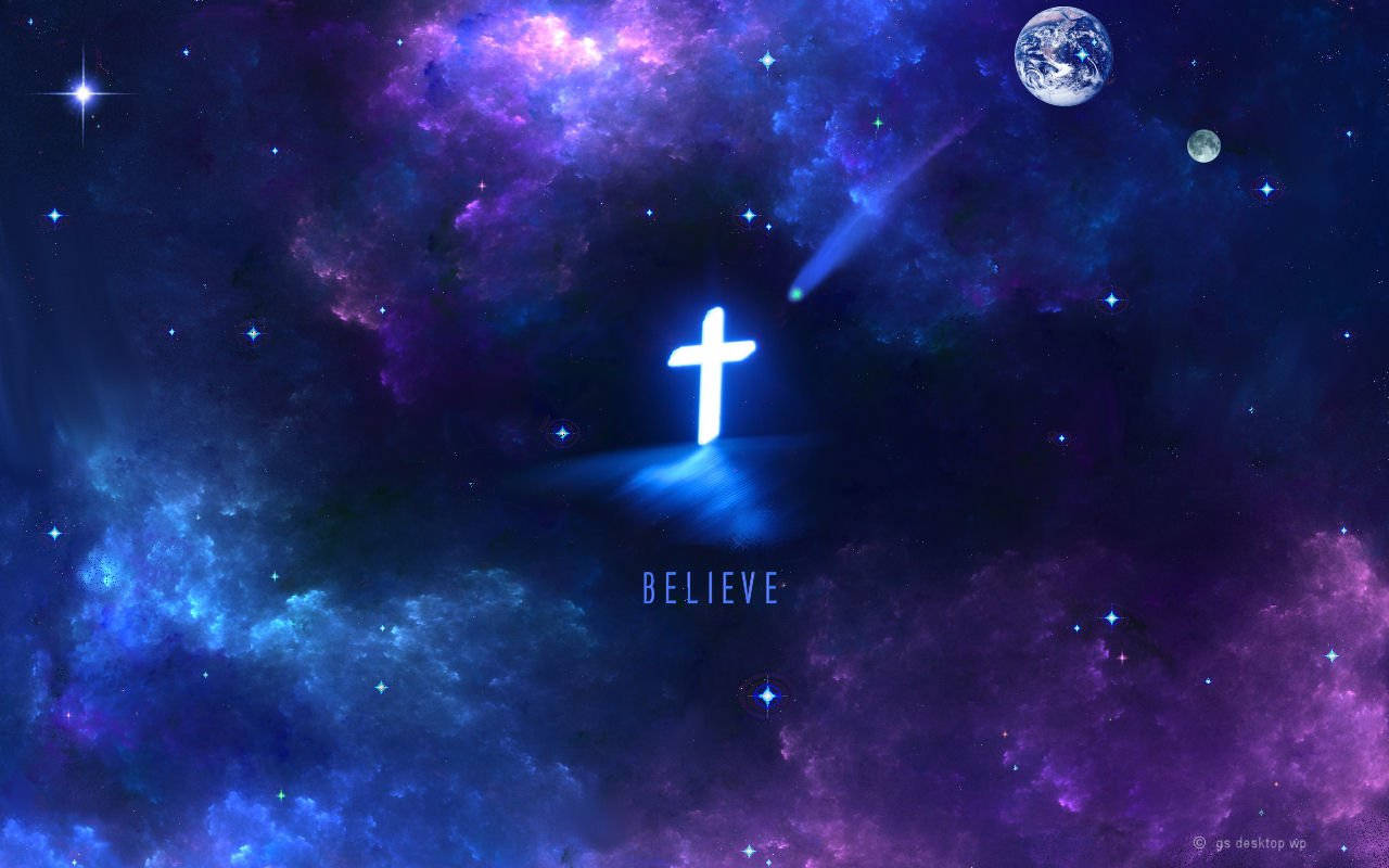 太空中發光的十字架，地球和星星，文字顯示believe。