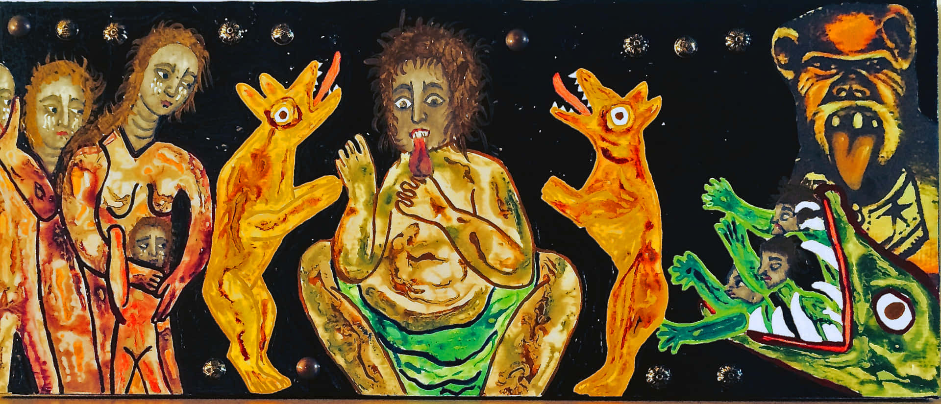 超現實畫作，以鮮豔色彩呈現扭曲的人類和動物形象，背景為星空。