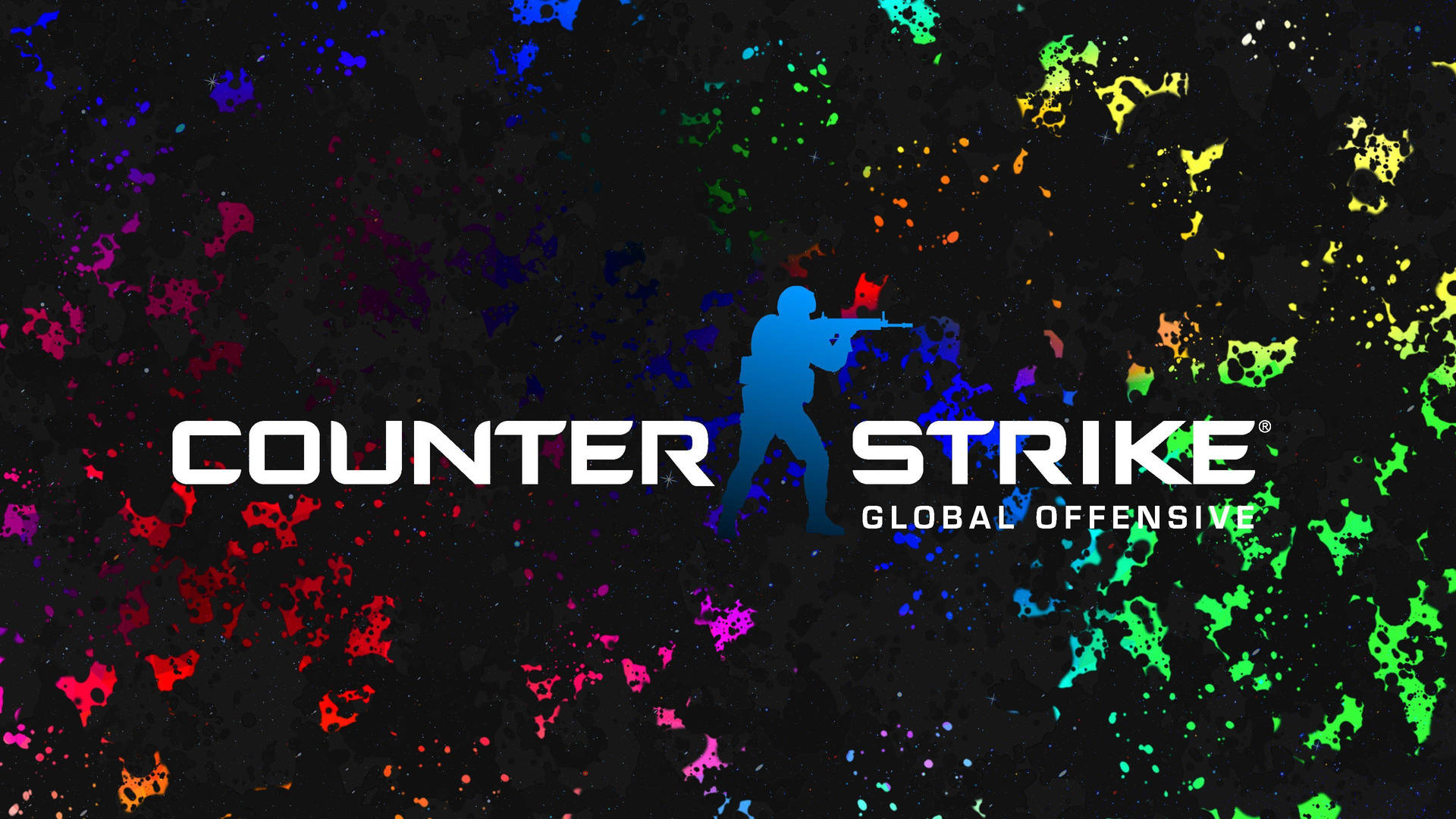 Counter Strike Global Offensive 標誌，帶有藍色士兵剪影和彩色顏料濺灑。