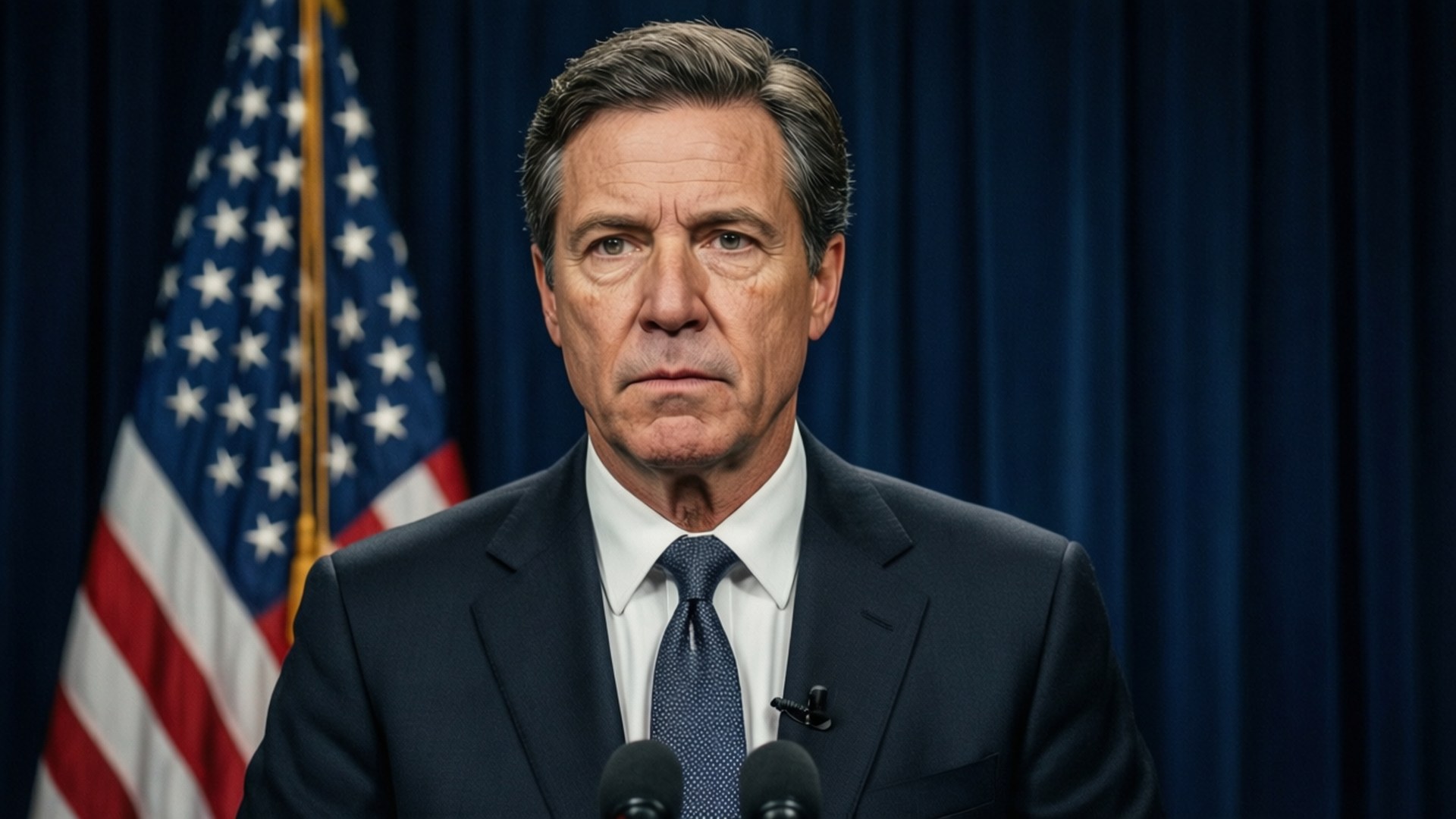 穿西裝的男子在講台上發言，身後有美國國旗。