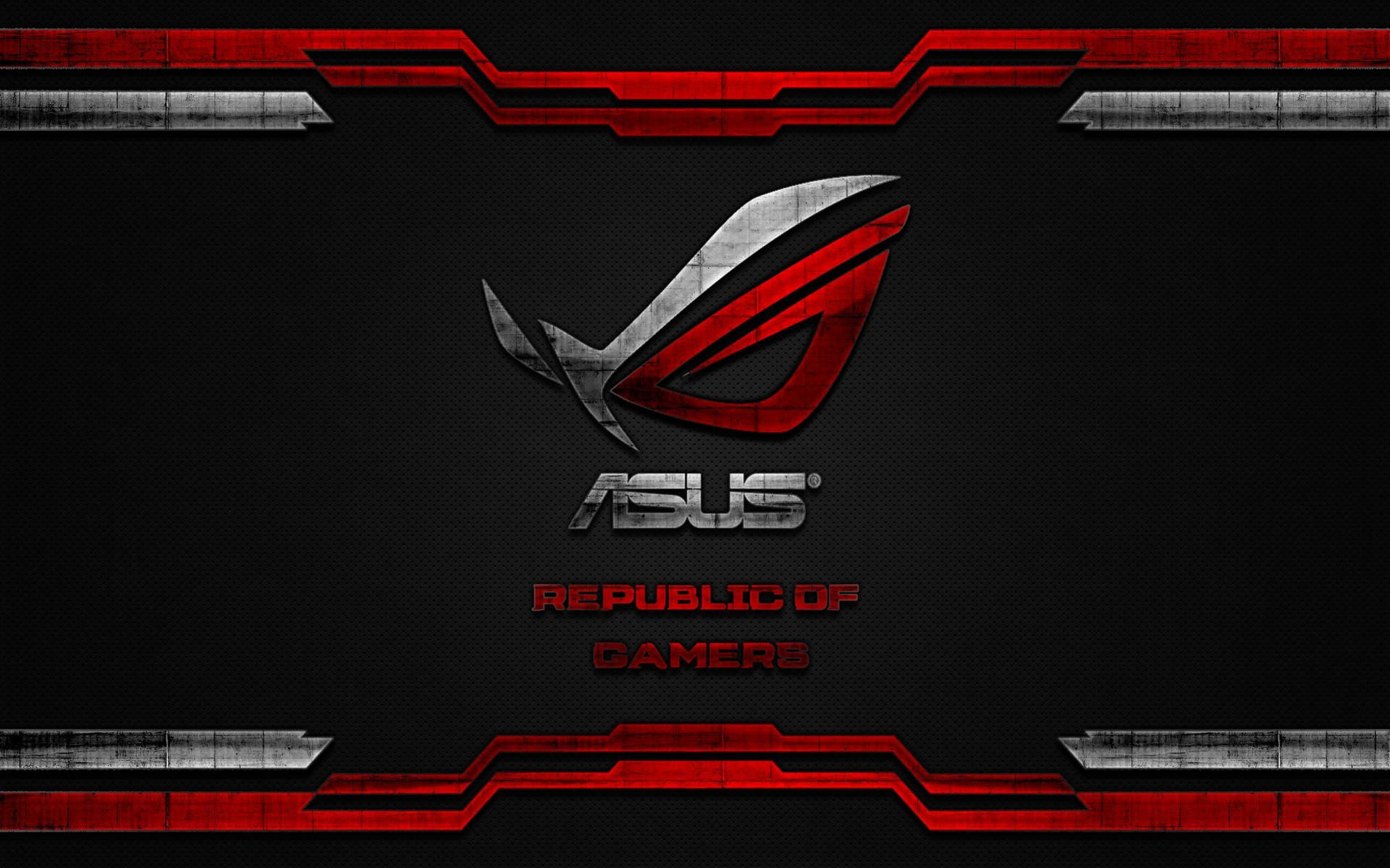ASUS ROG Republic of Gamers標誌在深色紋理背景上，帶有紅色和銀色裝飾。