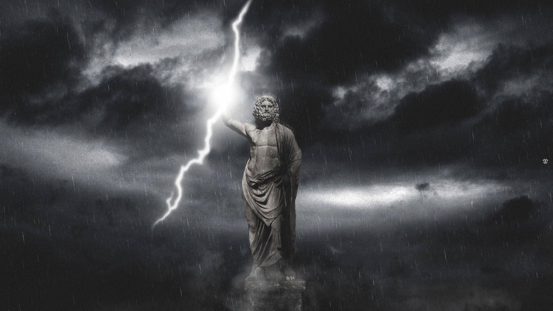 宙斯雕像在暴風雨的天空中手持閃電
