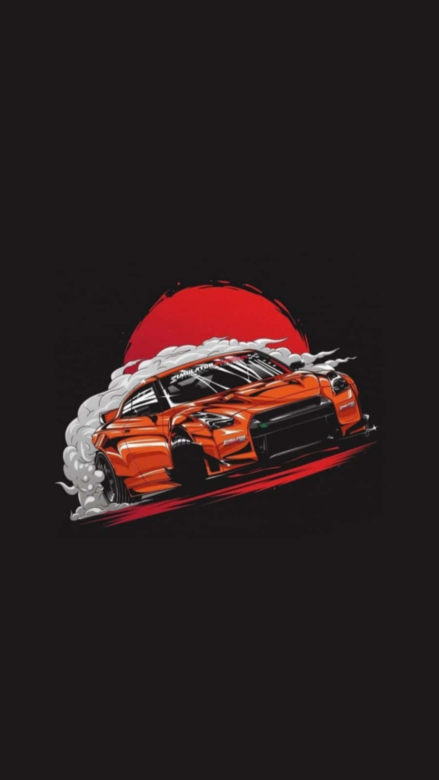客製 JDM 調校車的內部 壁紙 — 一輛充滿活力的橙色飄移車在黑色背景上，對著大膽的紅色太陽戲劇性地冒煙。