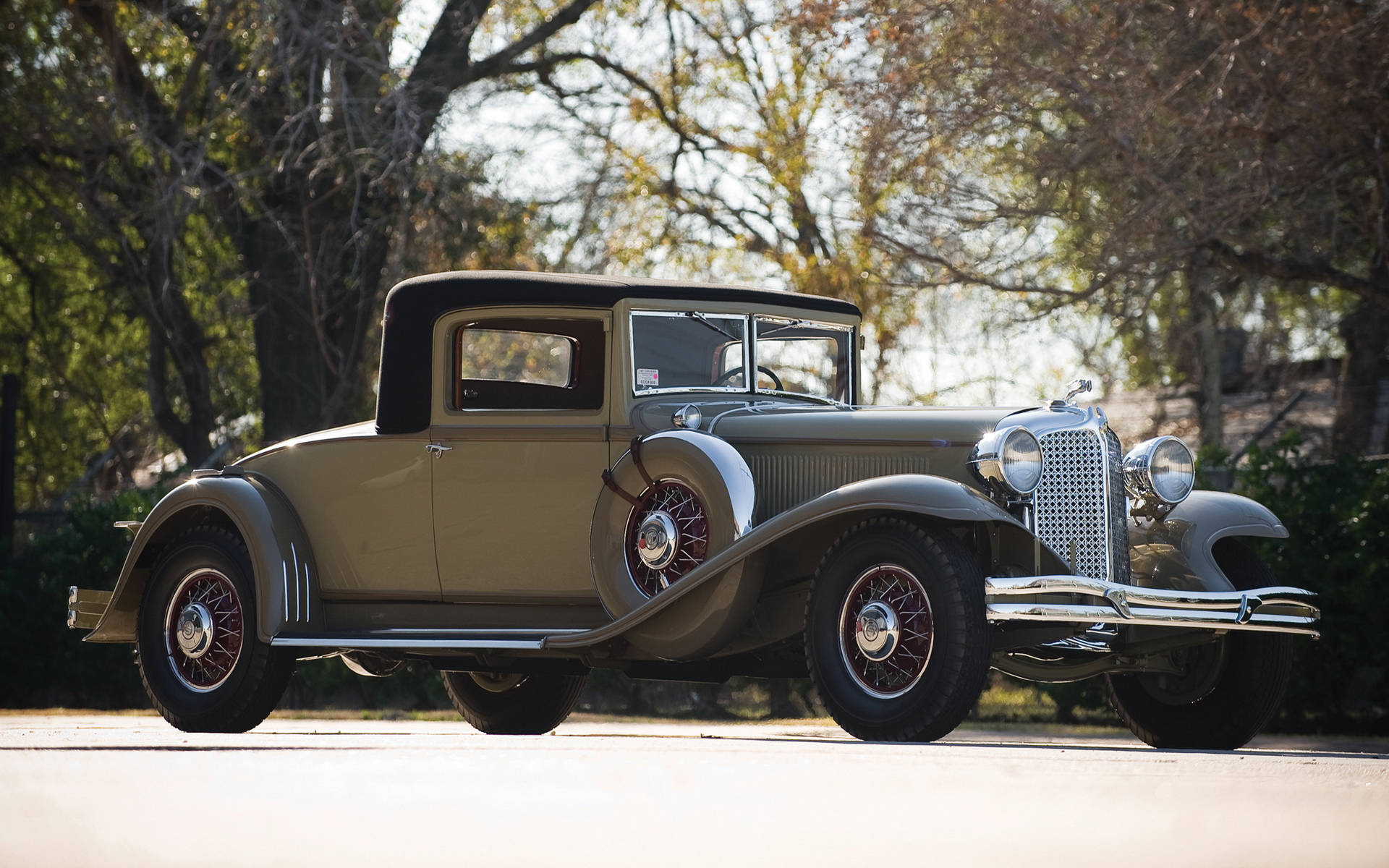 客製化 Chrysler Imperial 壁紙 — 一輛復古橄欖綠雙門轎跑車，帶有鍍鉻裝飾，停在鋪砌的道路上，上方是枝葉茂密的樹木，在柔和的光線下。