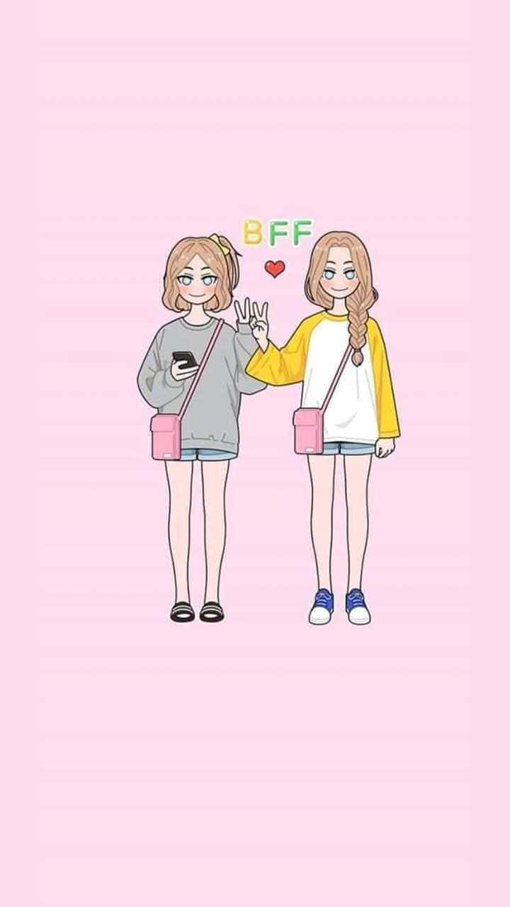 兩個微笑的卡通朋友揹著粉紅色手袋擺姿勢，上方有「BFF」文字。